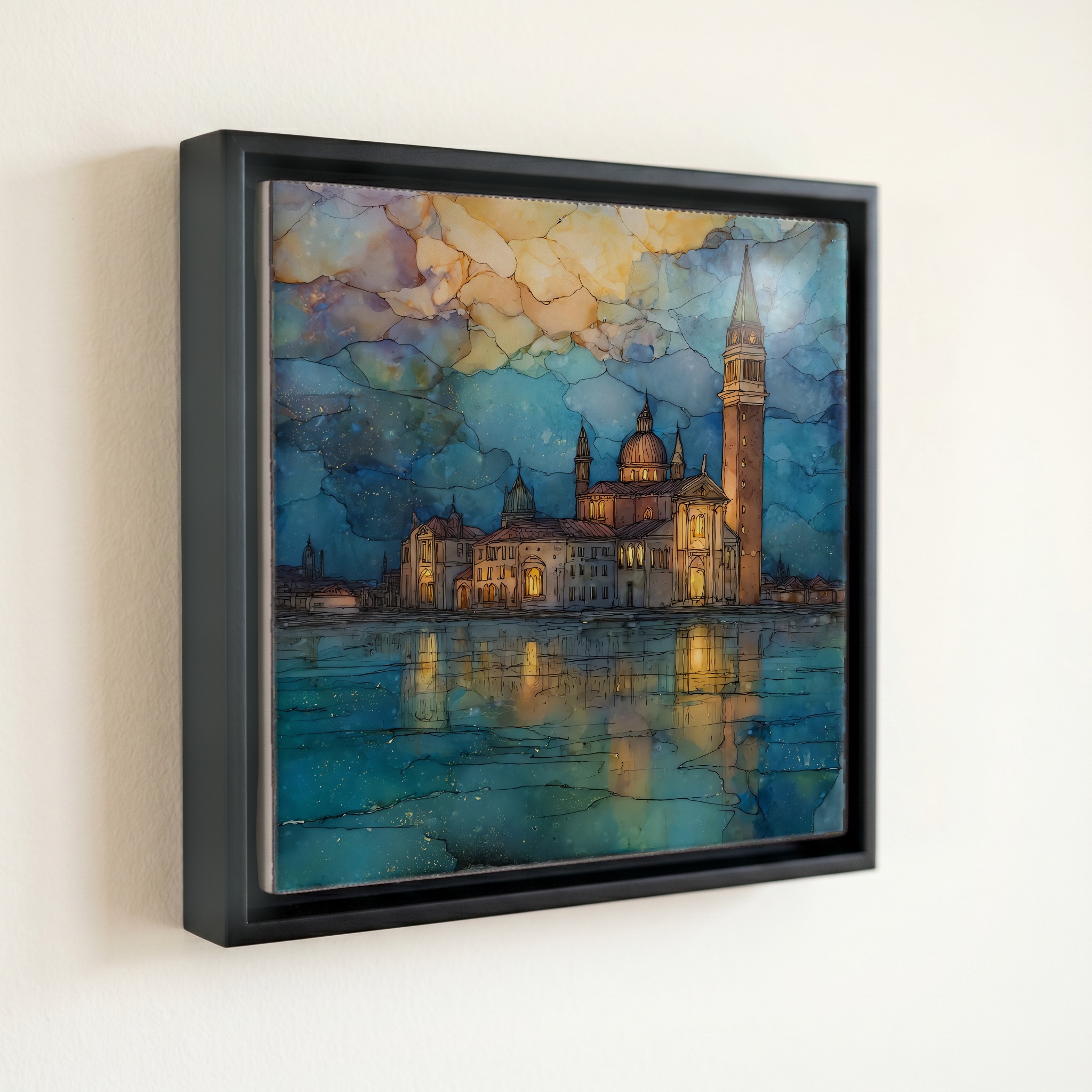shown in a slim black floating frame · 6 × 6 in