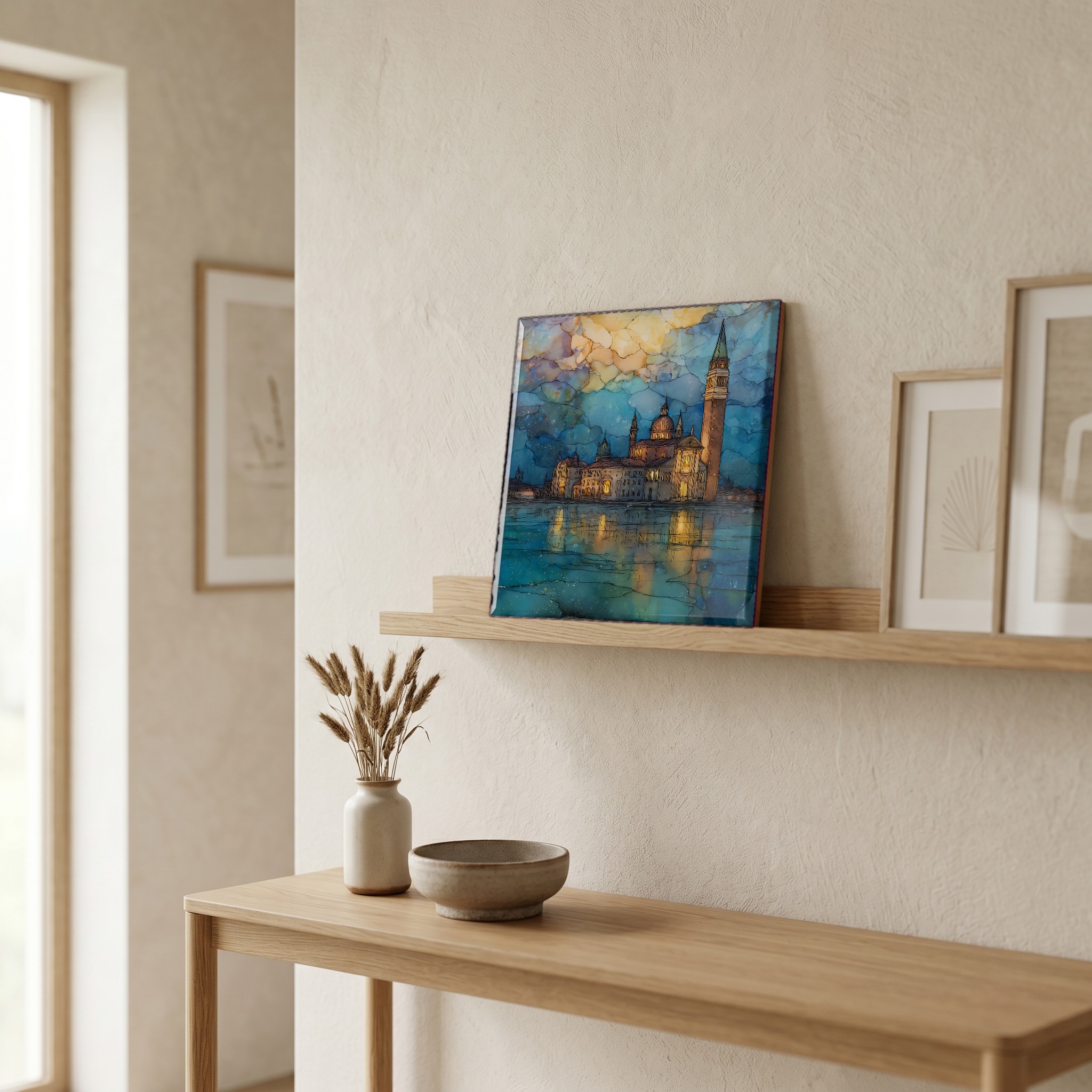 On a picture ledge, where the light comes in.