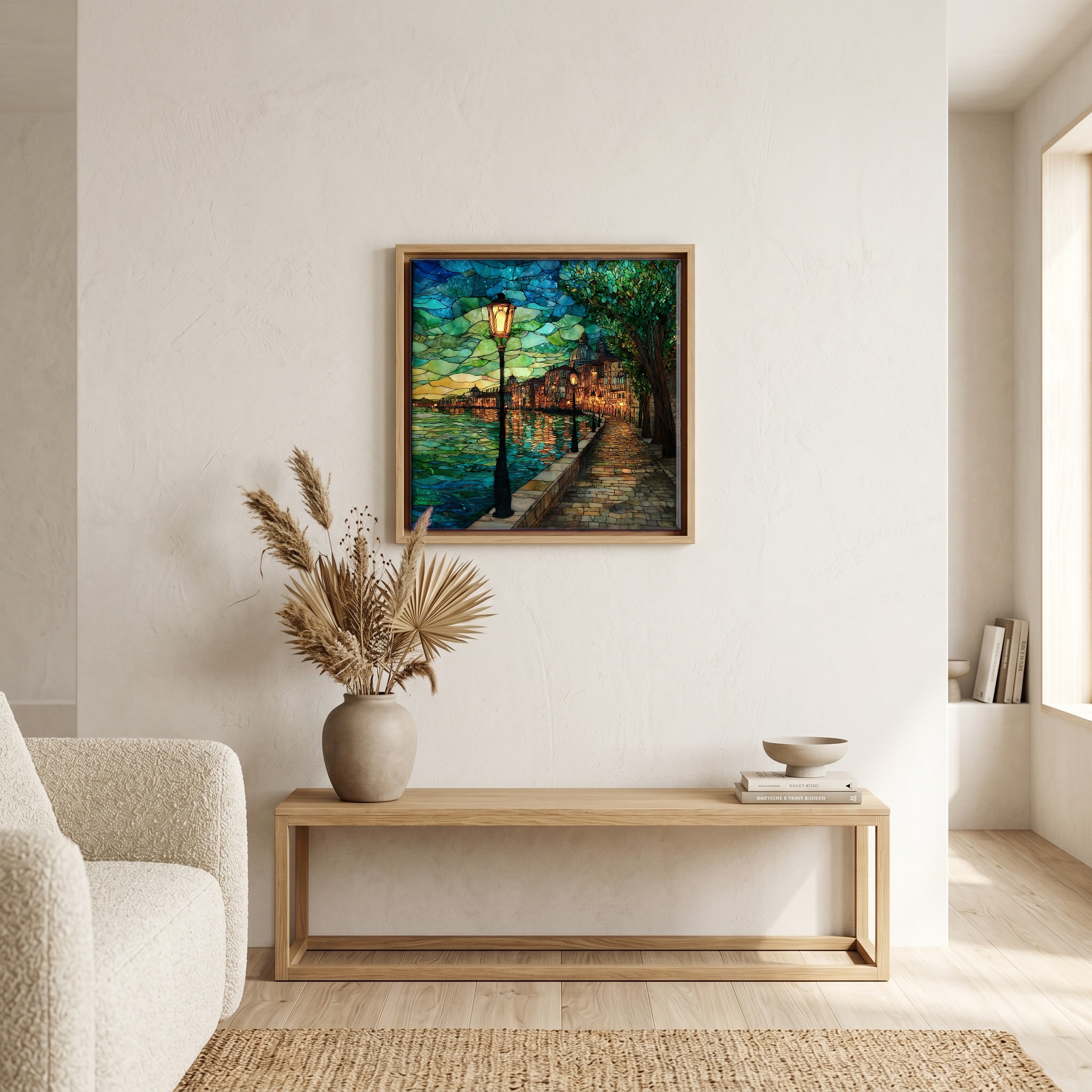 Above the bench, in a warm oak surround.