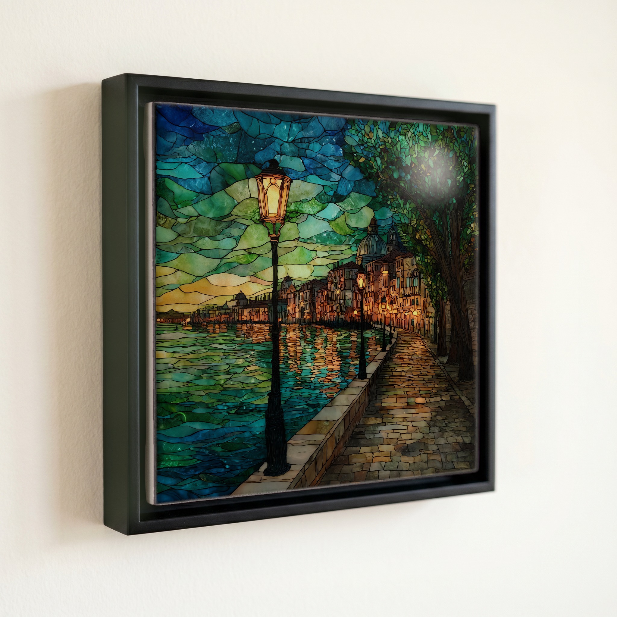 shown in a slim black floating frame · 6 × 6 in