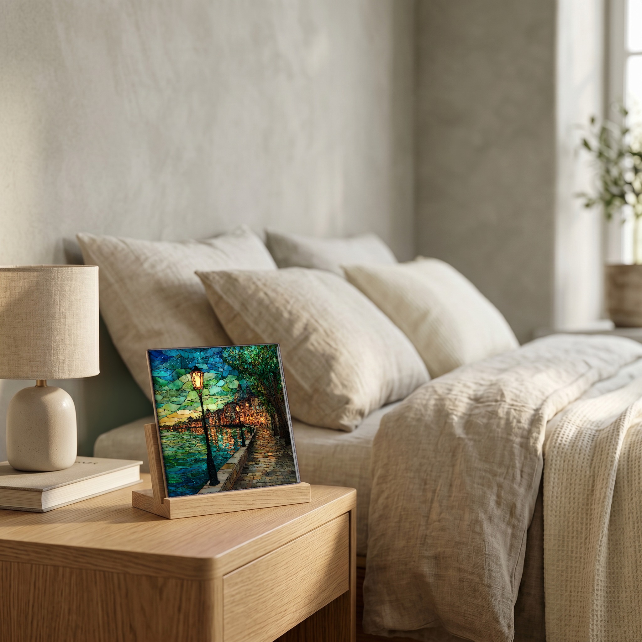 On the nightstand, on a light oak stand.