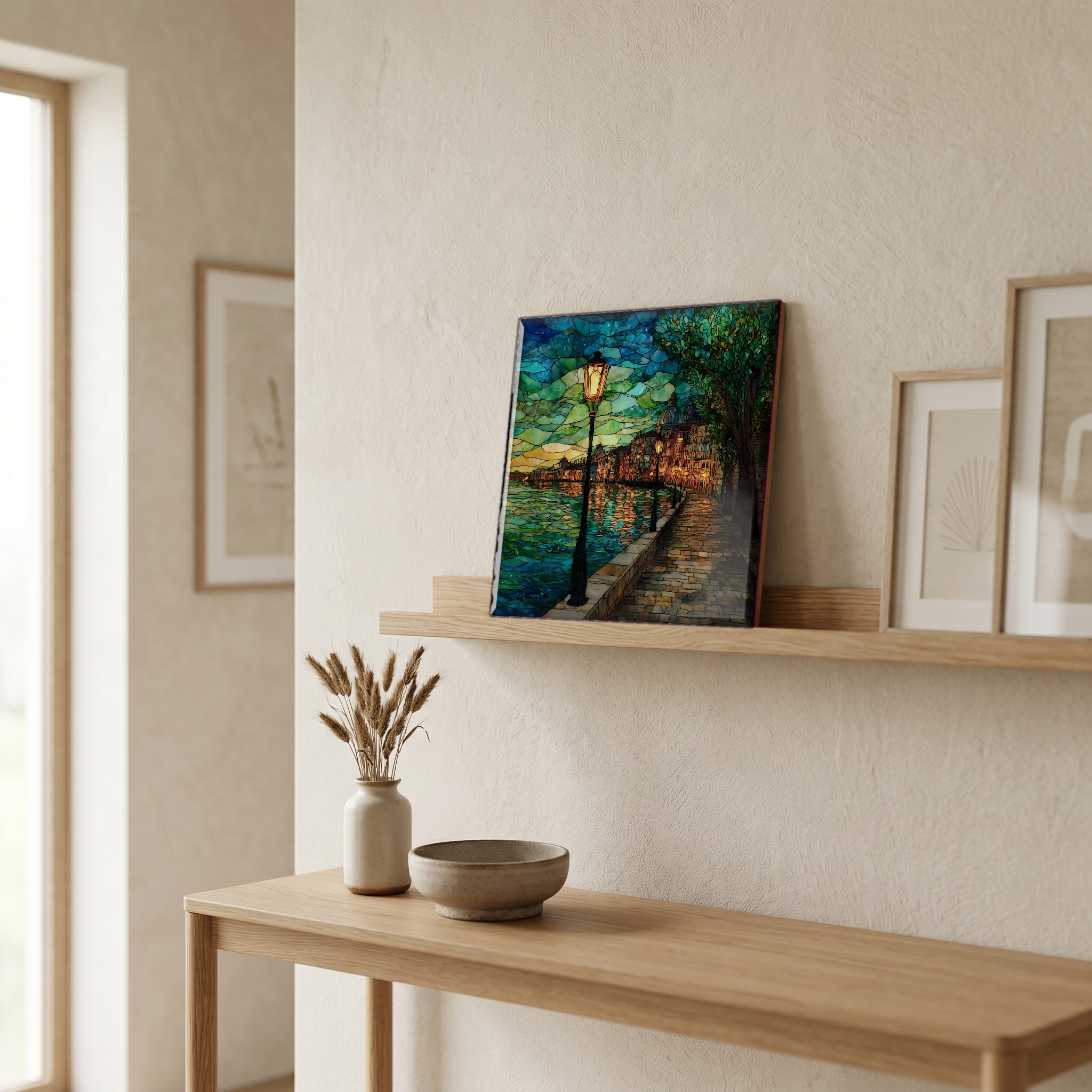 On a picture ledge, where the light comes in.