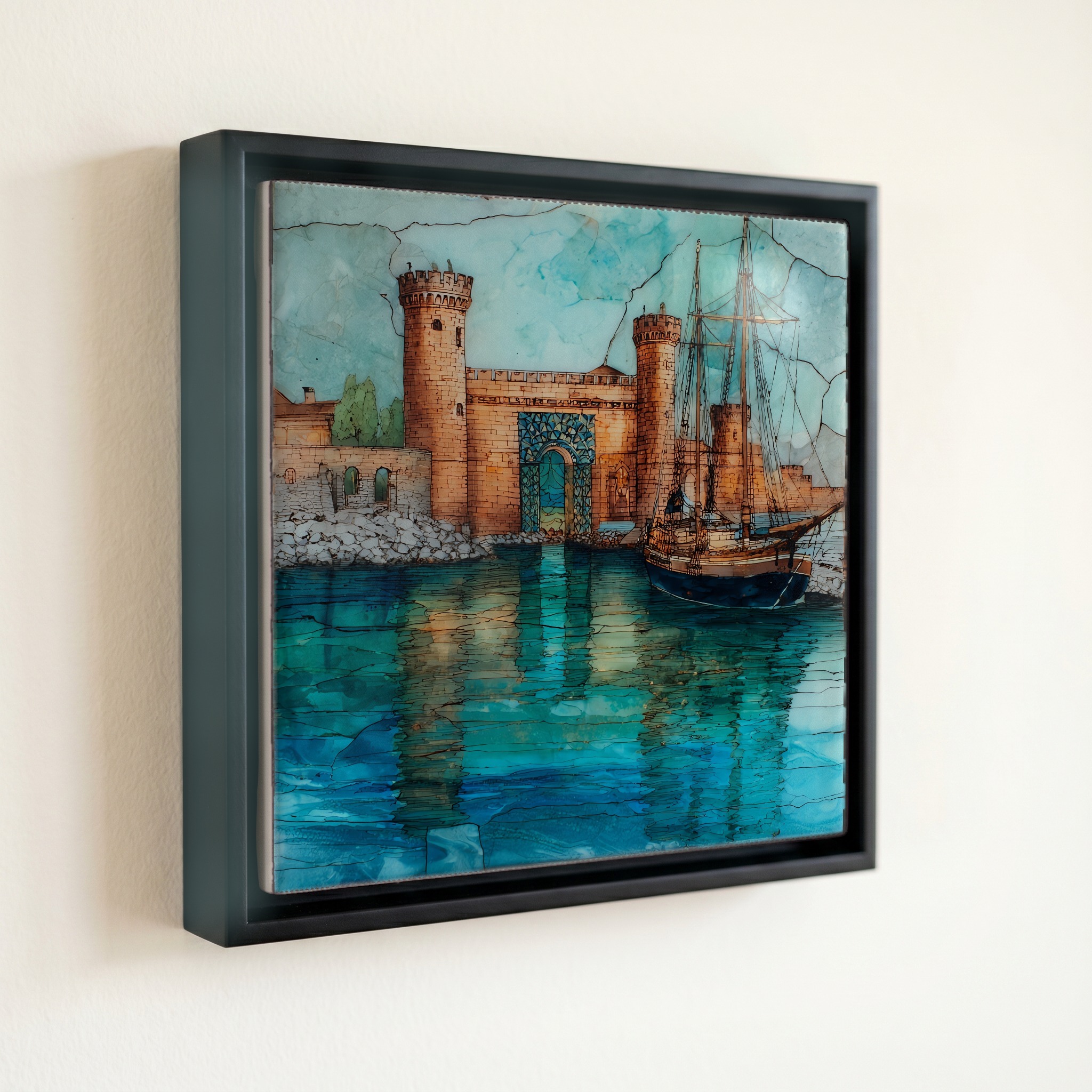 shown in a slim black floating frame · 6 × 6 in