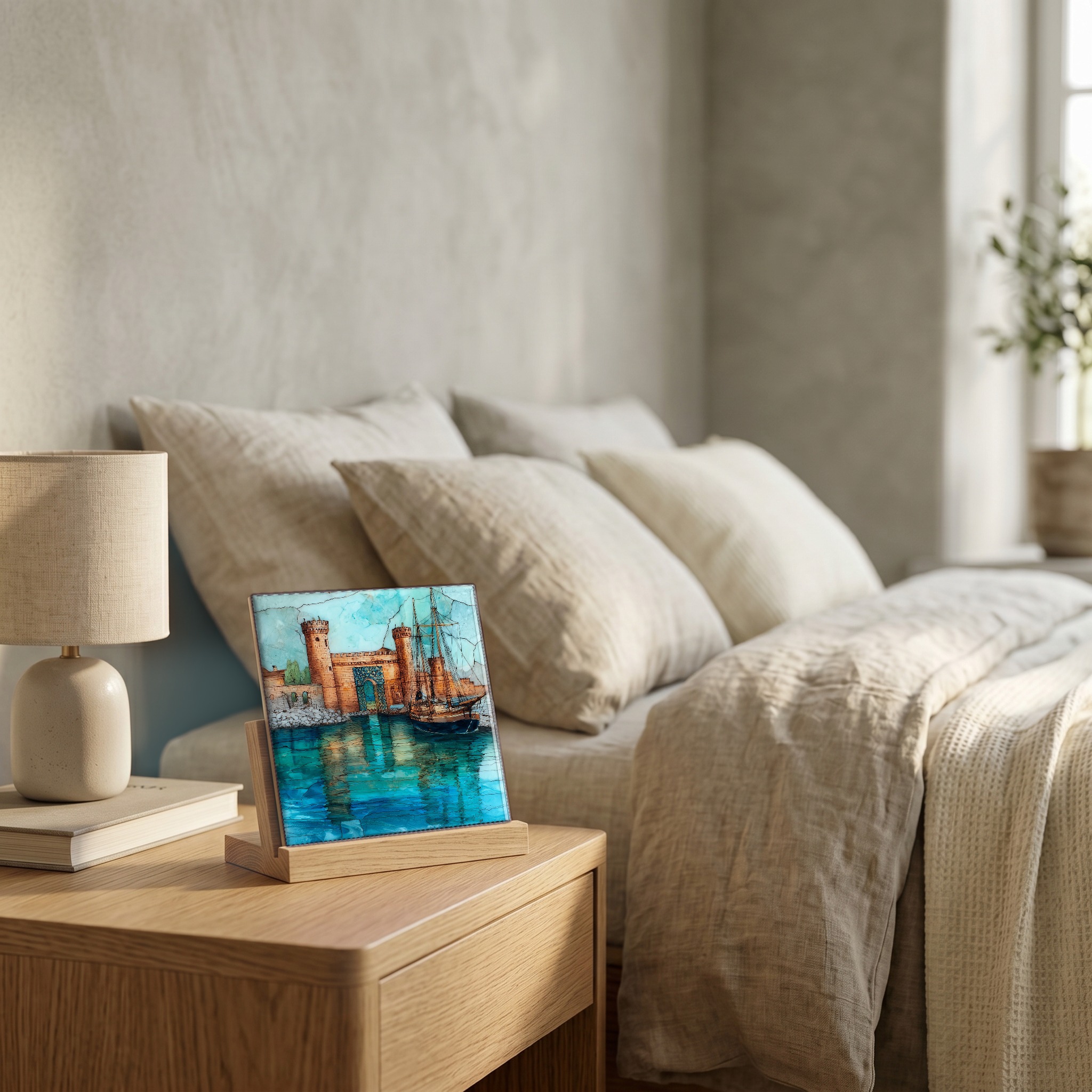 On the nightstand, on a light oak stand.