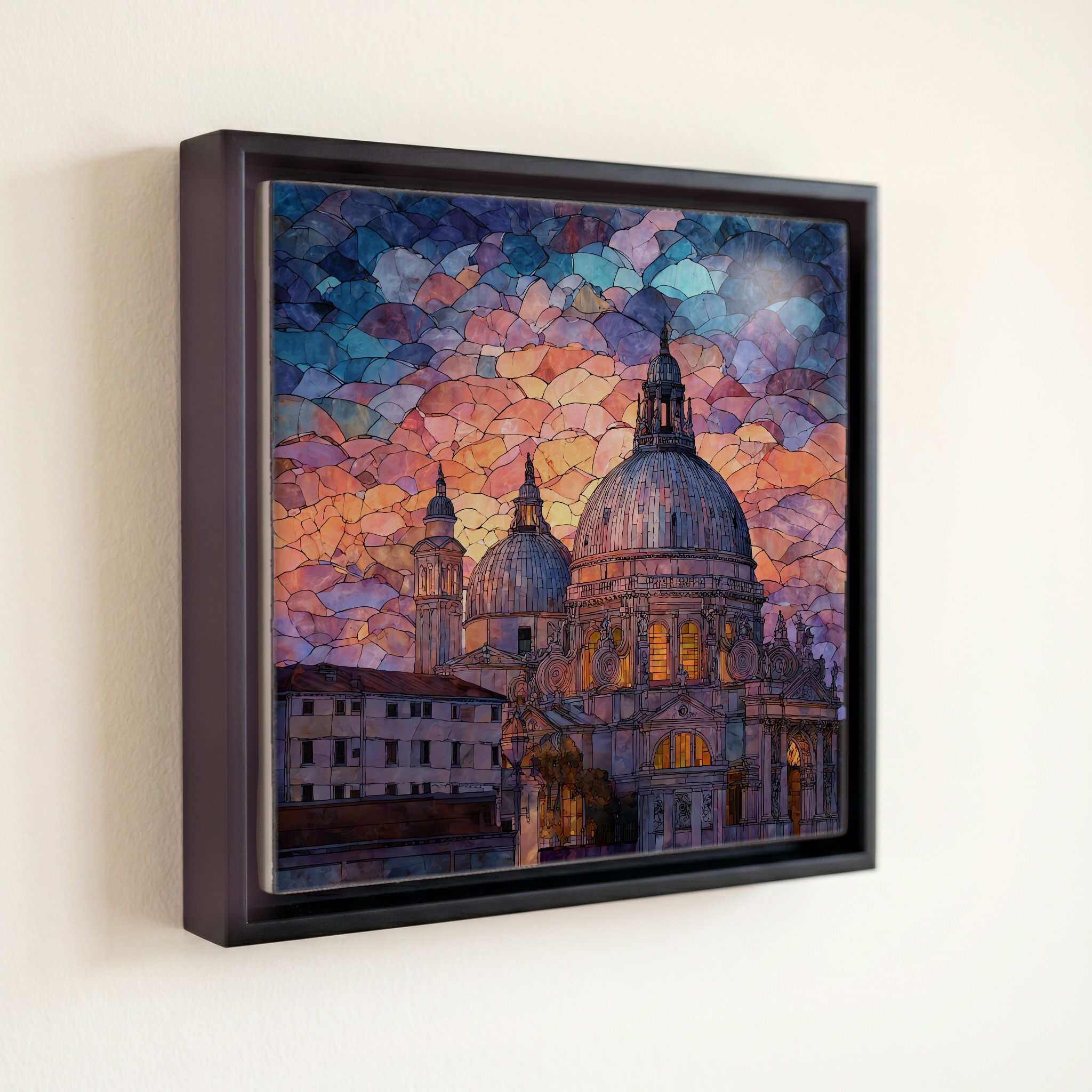shown in a slim black floating frame · 6 × 6 in