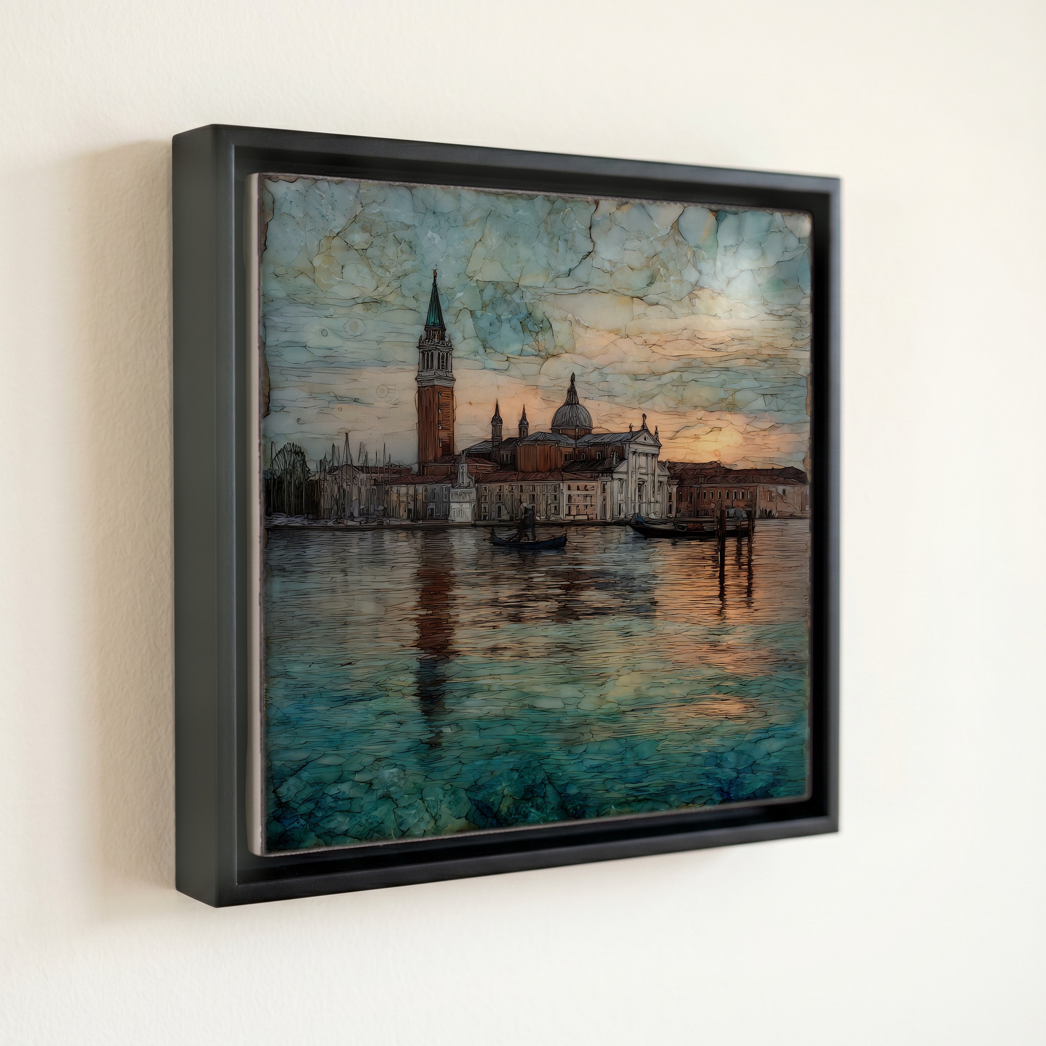 shown in a slim black floating frame · 6 × 6 in