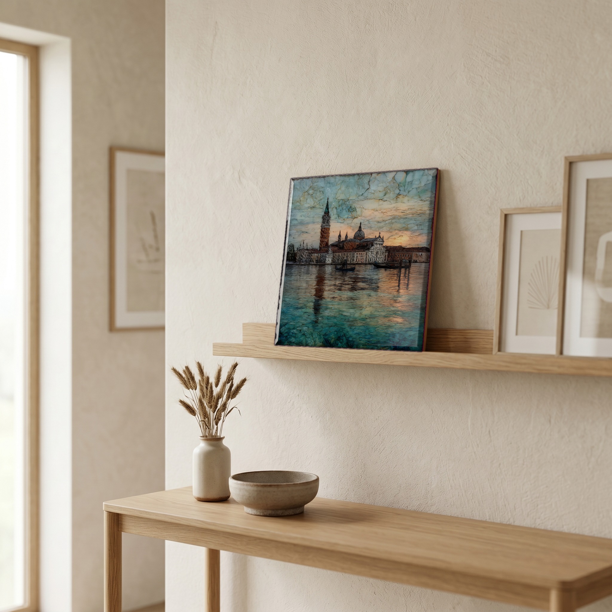 On a picture ledge, where the light comes in.
