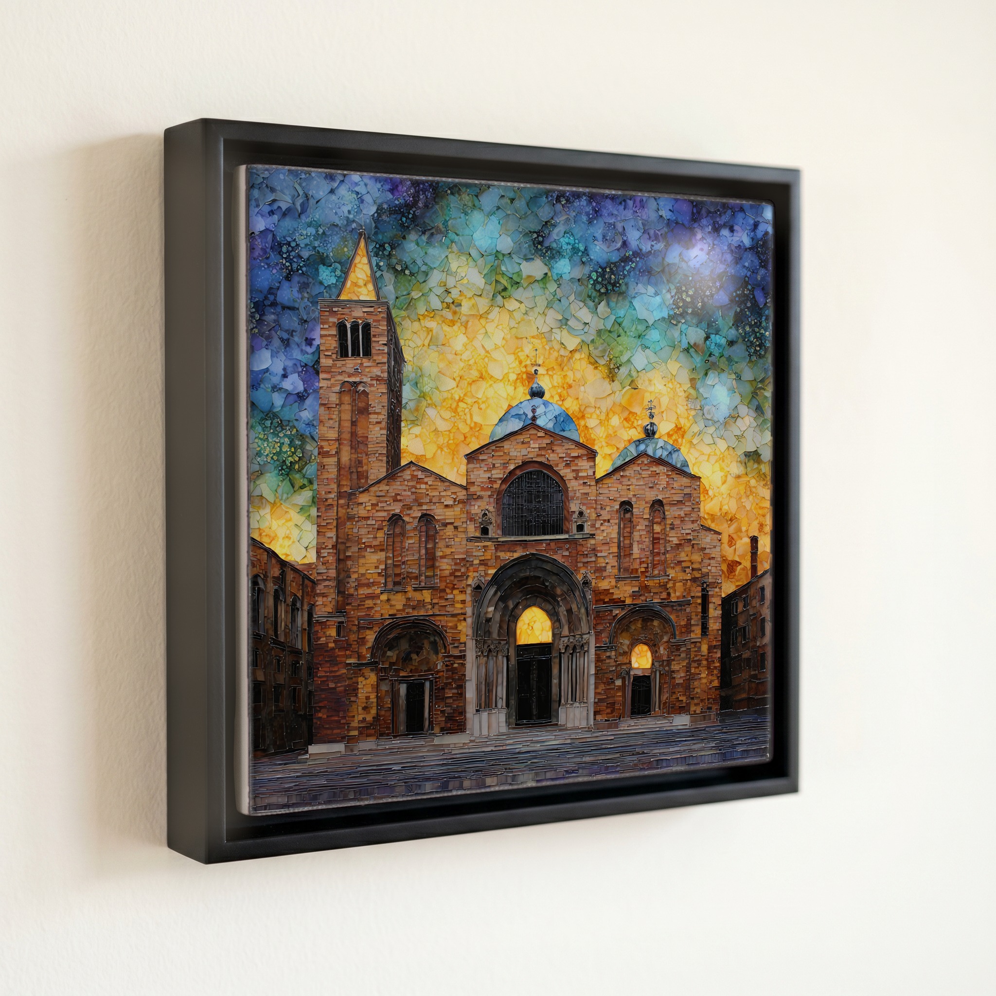 shown in a slim black floating frame · 6 × 6 in