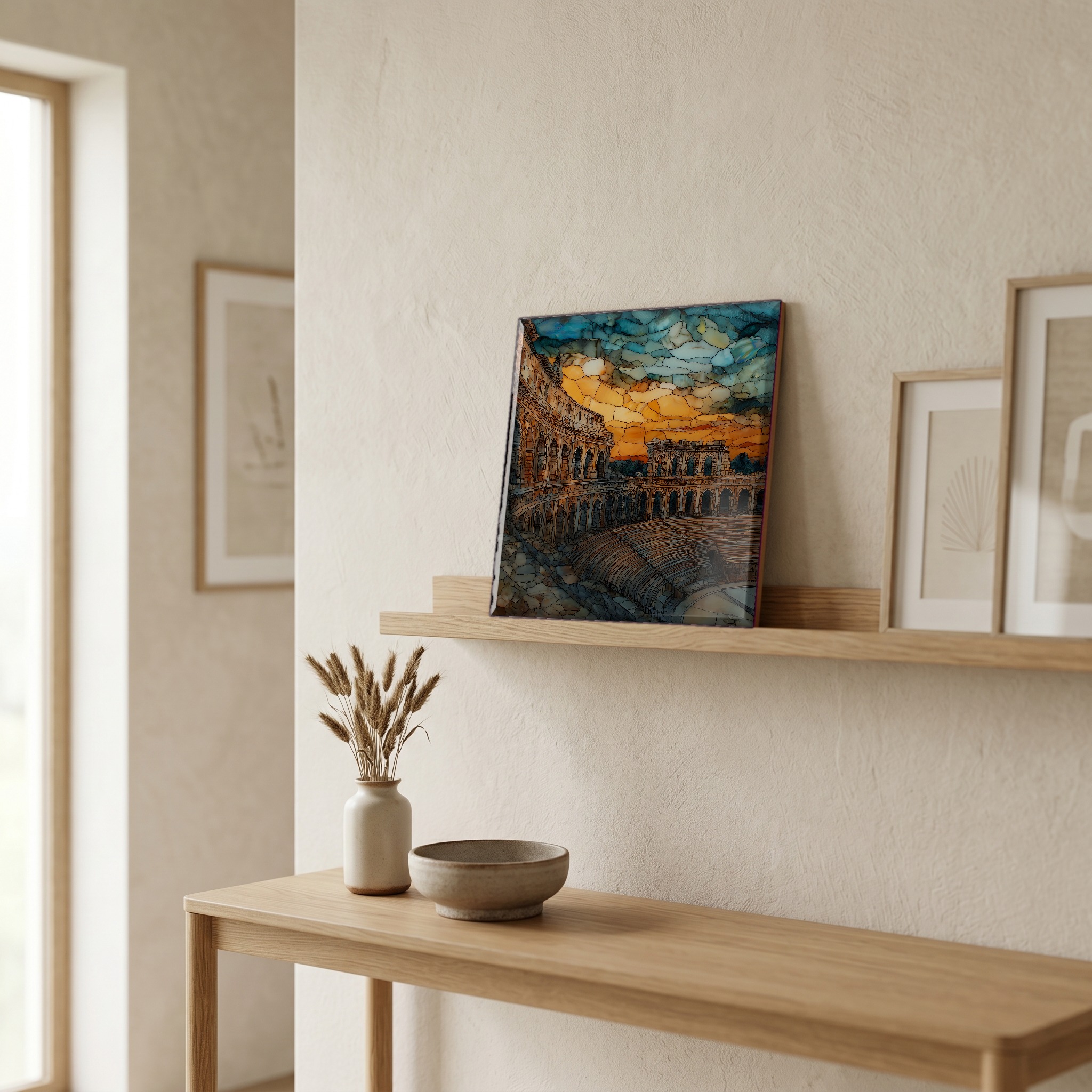 On a picture ledge, where the light comes in.