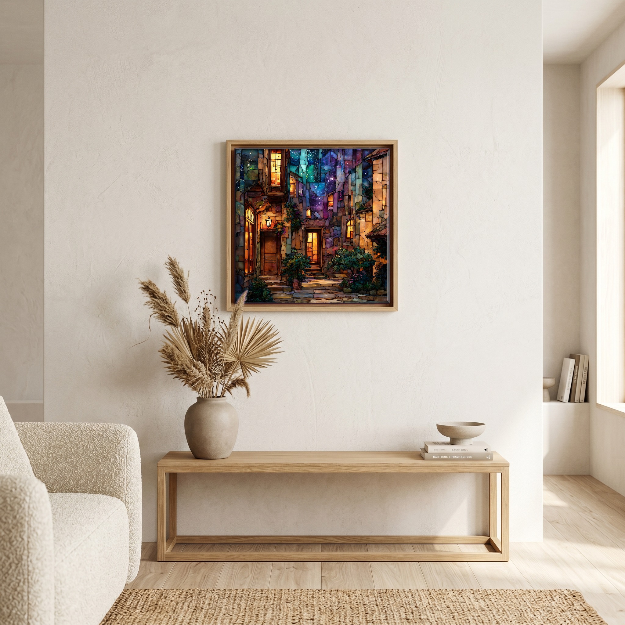 Above the bench, in a warm oak surround.