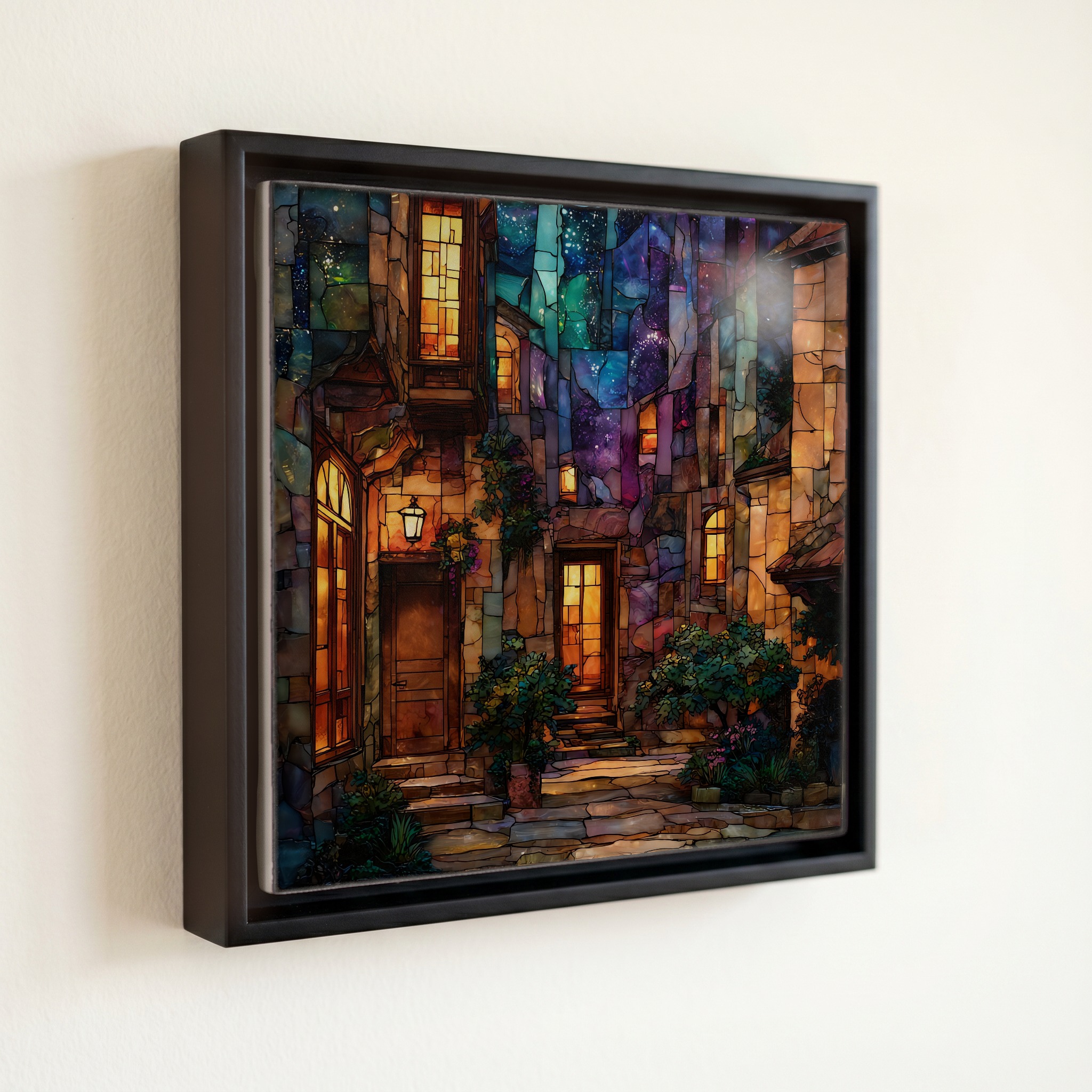 shown in a slim black floating frame · 6 × 6 in