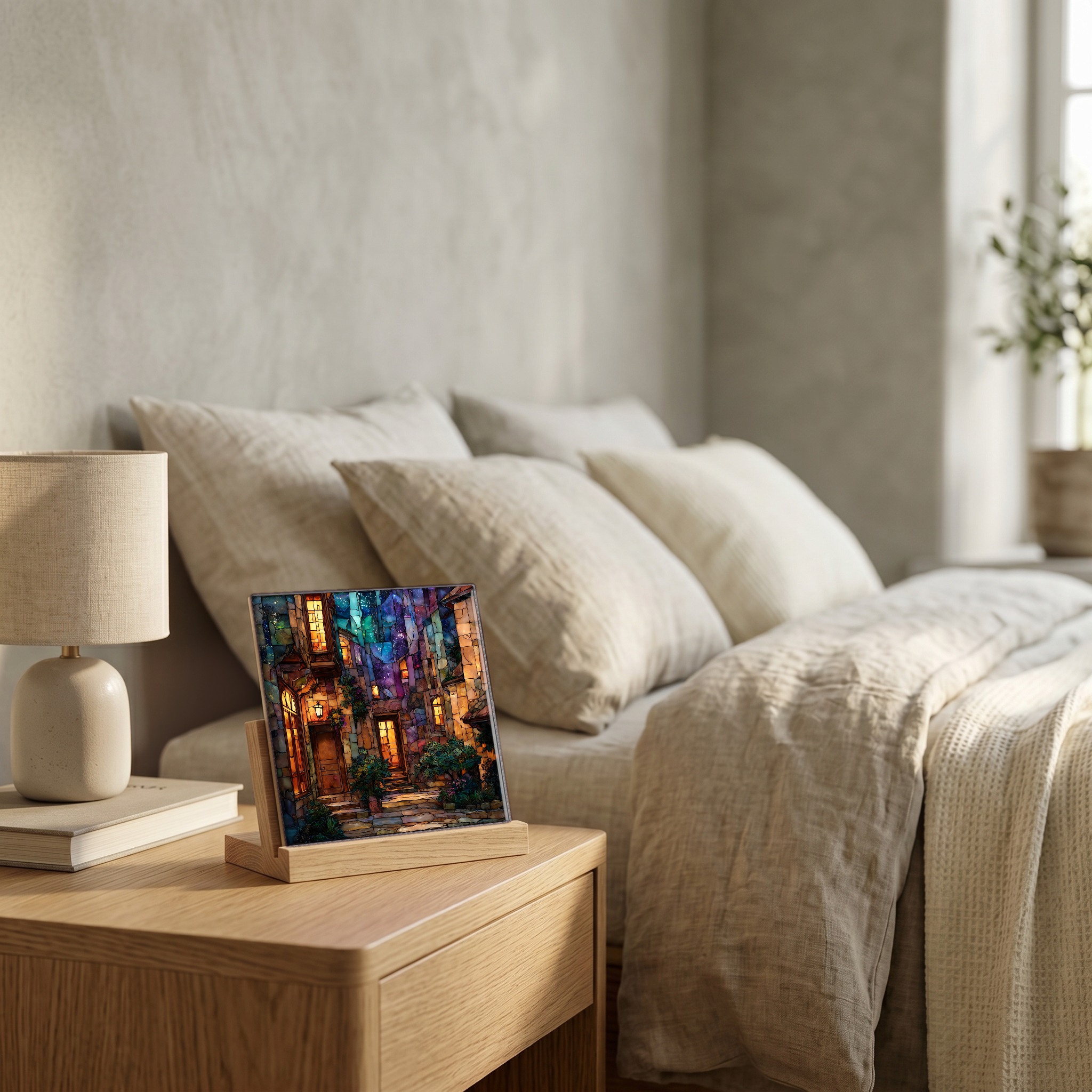 On the nightstand, on a light oak stand.