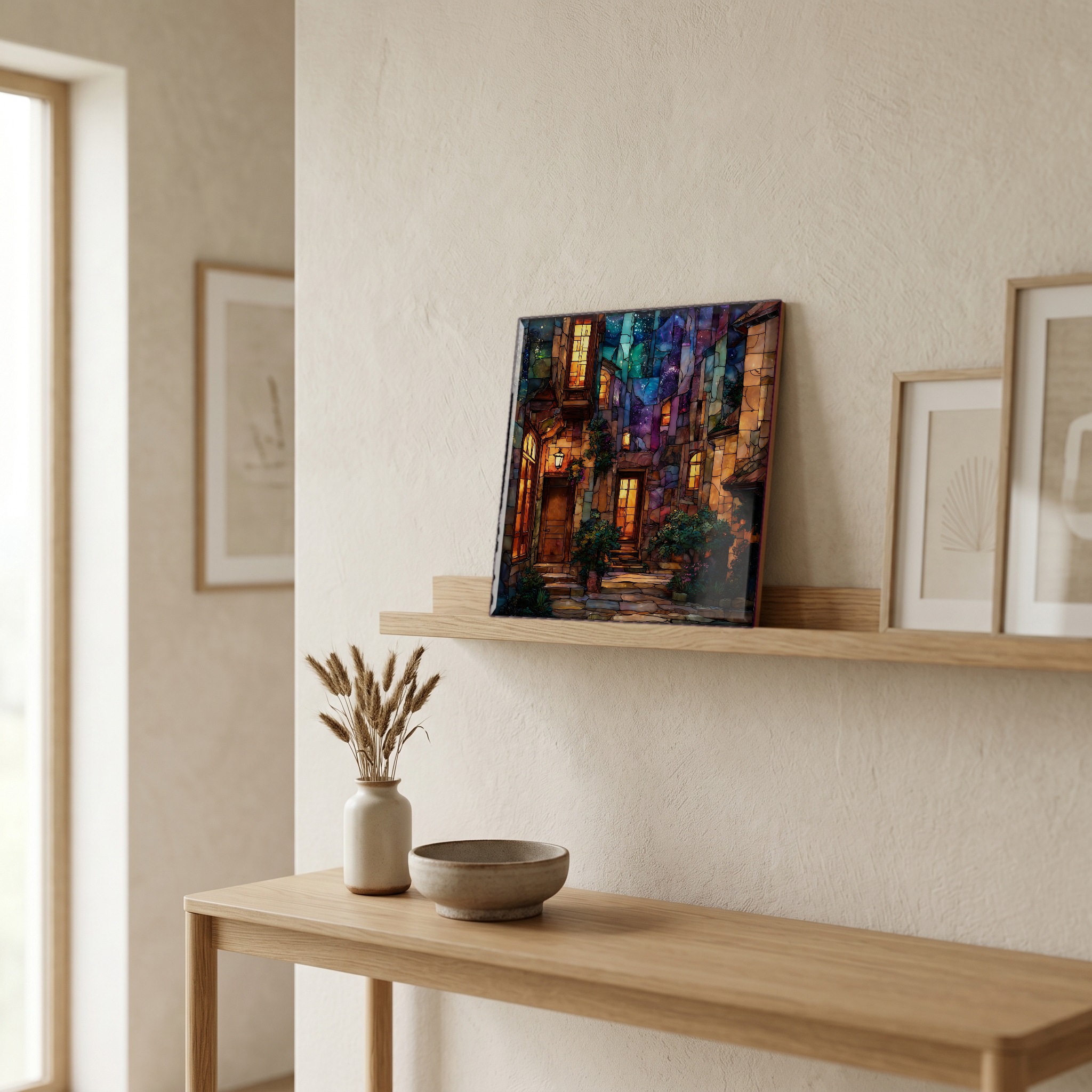 On a picture ledge, where the light comes in.