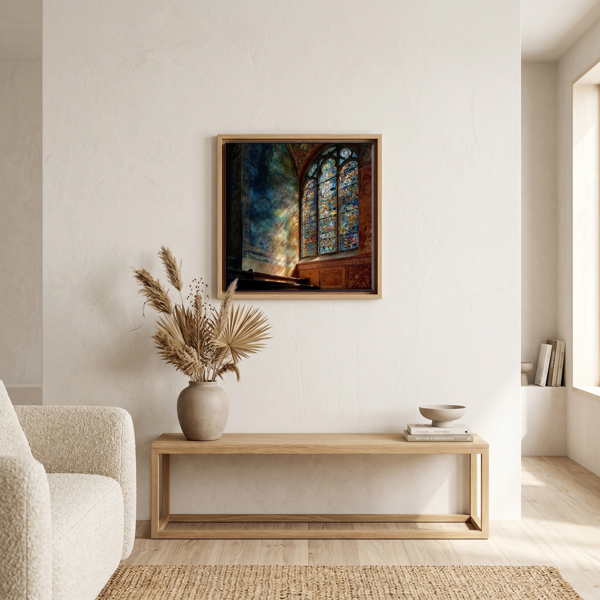 Above the bench, in a warm oak surround.