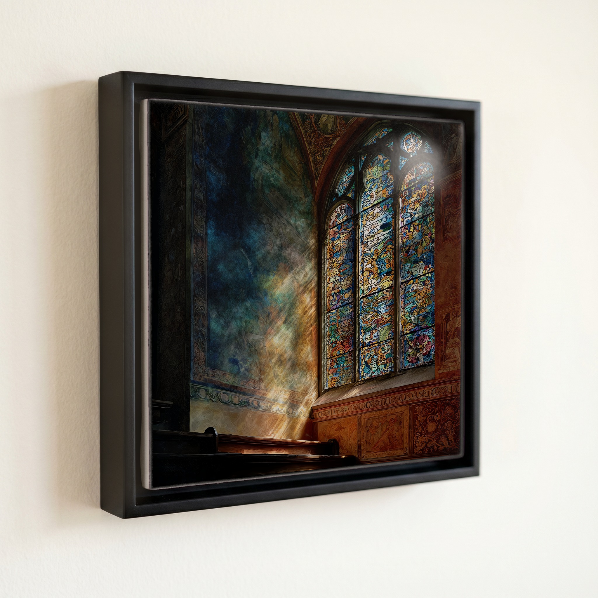 shown in a slim black floating frame · 6 × 6 in