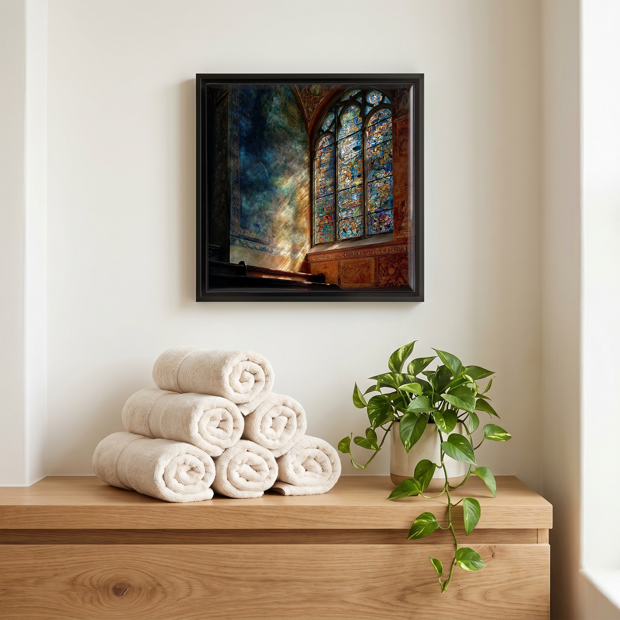 Above the linens, in a slim black surround.