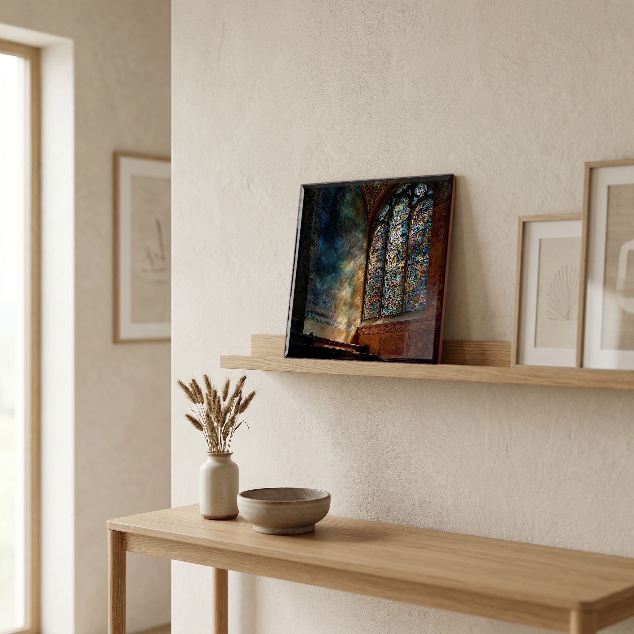 On a picture ledge, where the light comes in.