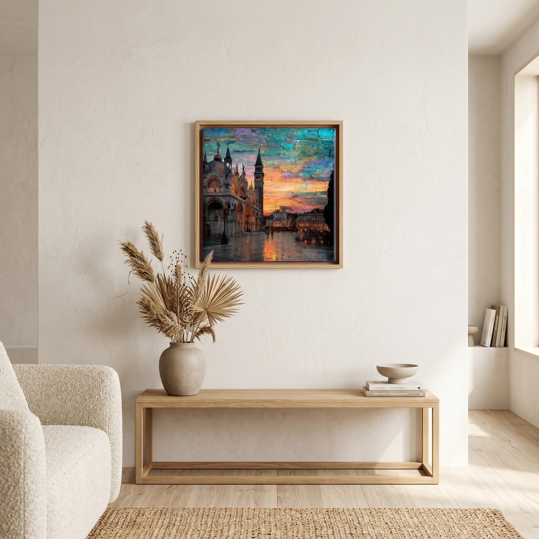 Above the bench, in a warm oak surround.