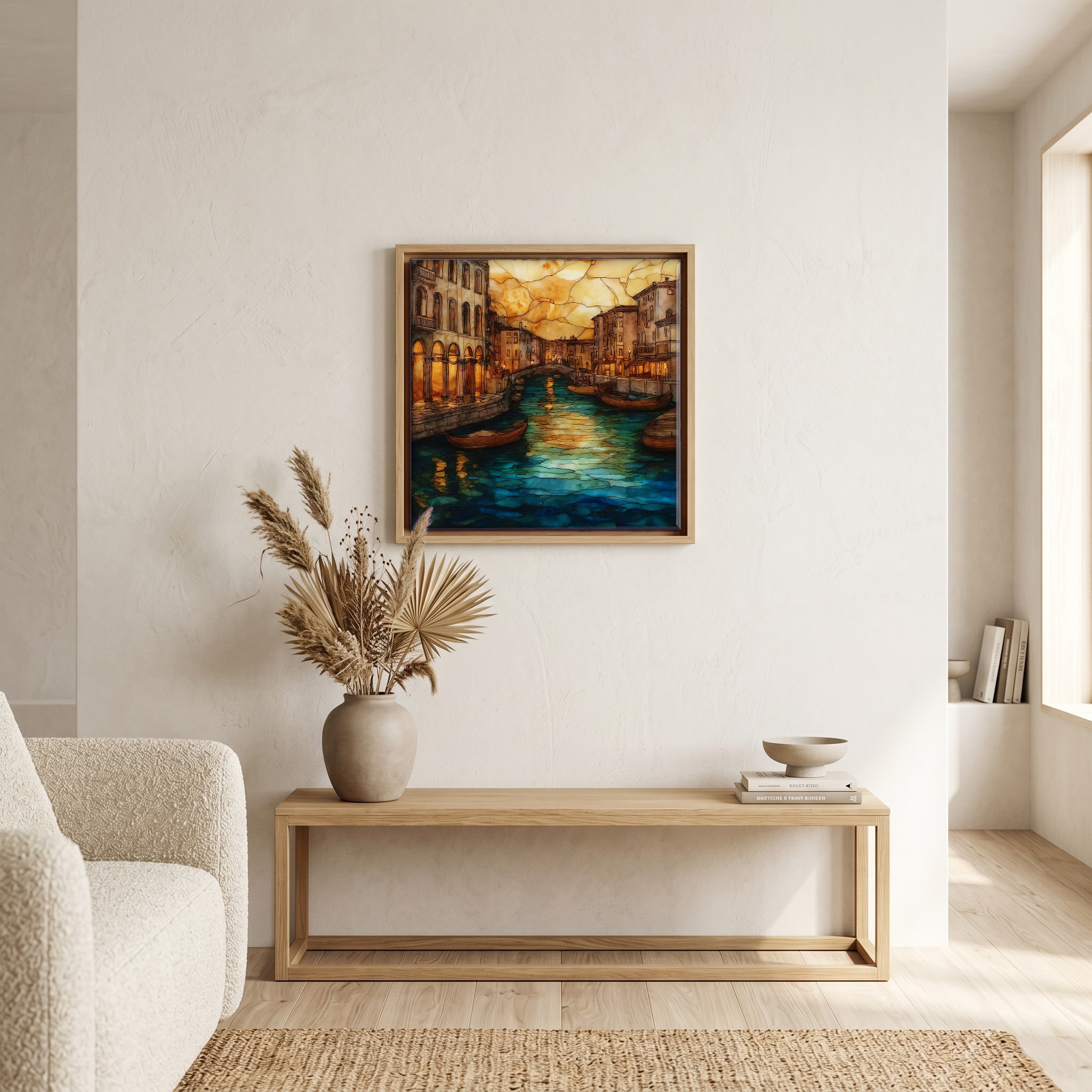 Above the bench, in a warm oak surround.