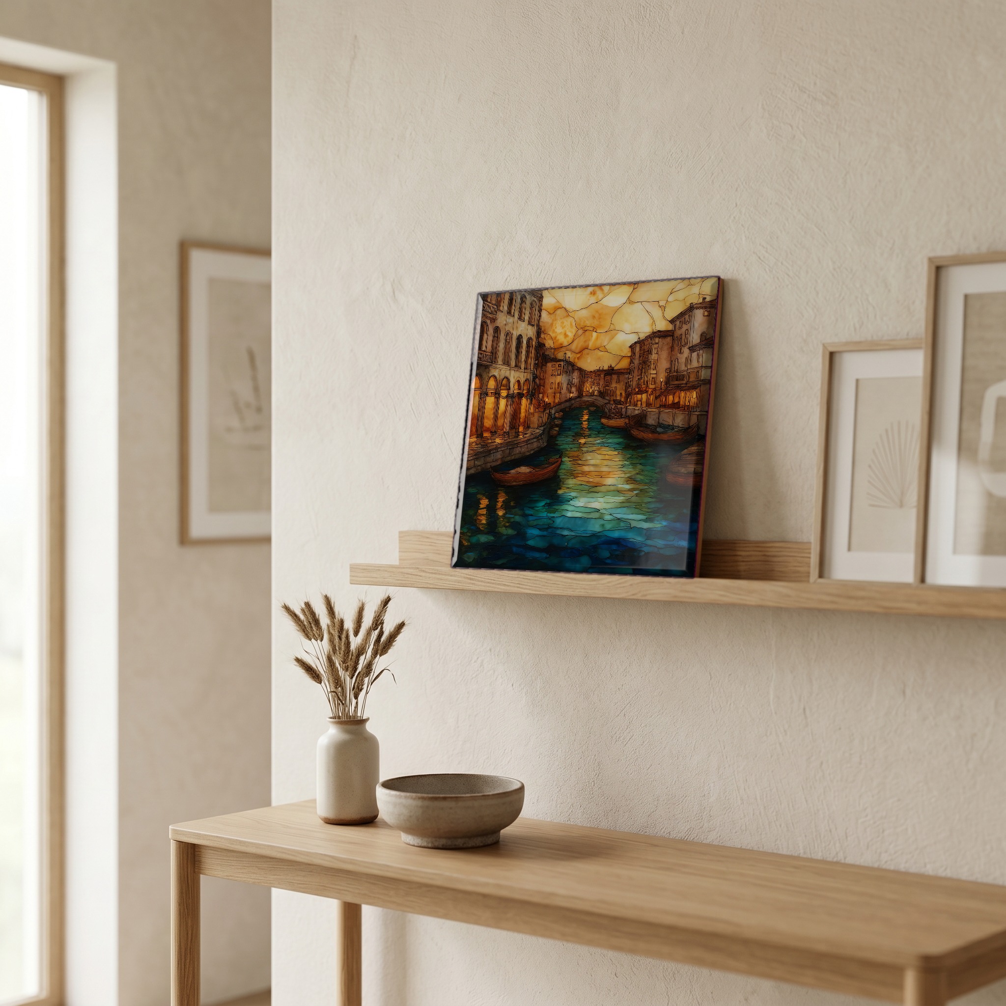 On a picture ledge, where the light comes in.