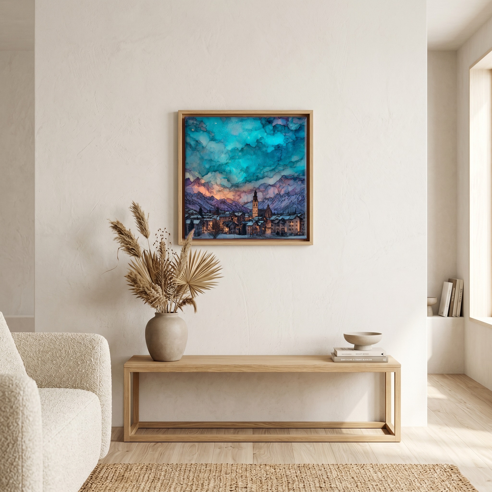 Above the bench, in a warm oak surround.