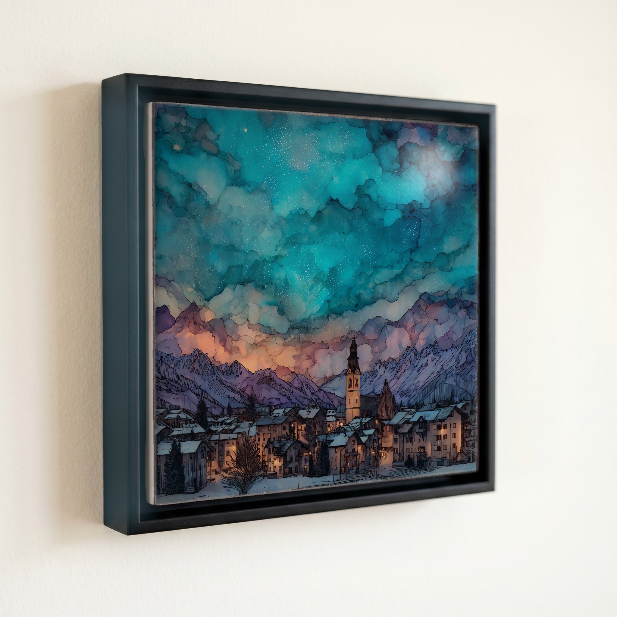shown in a slim black floating frame · 6 × 6 in