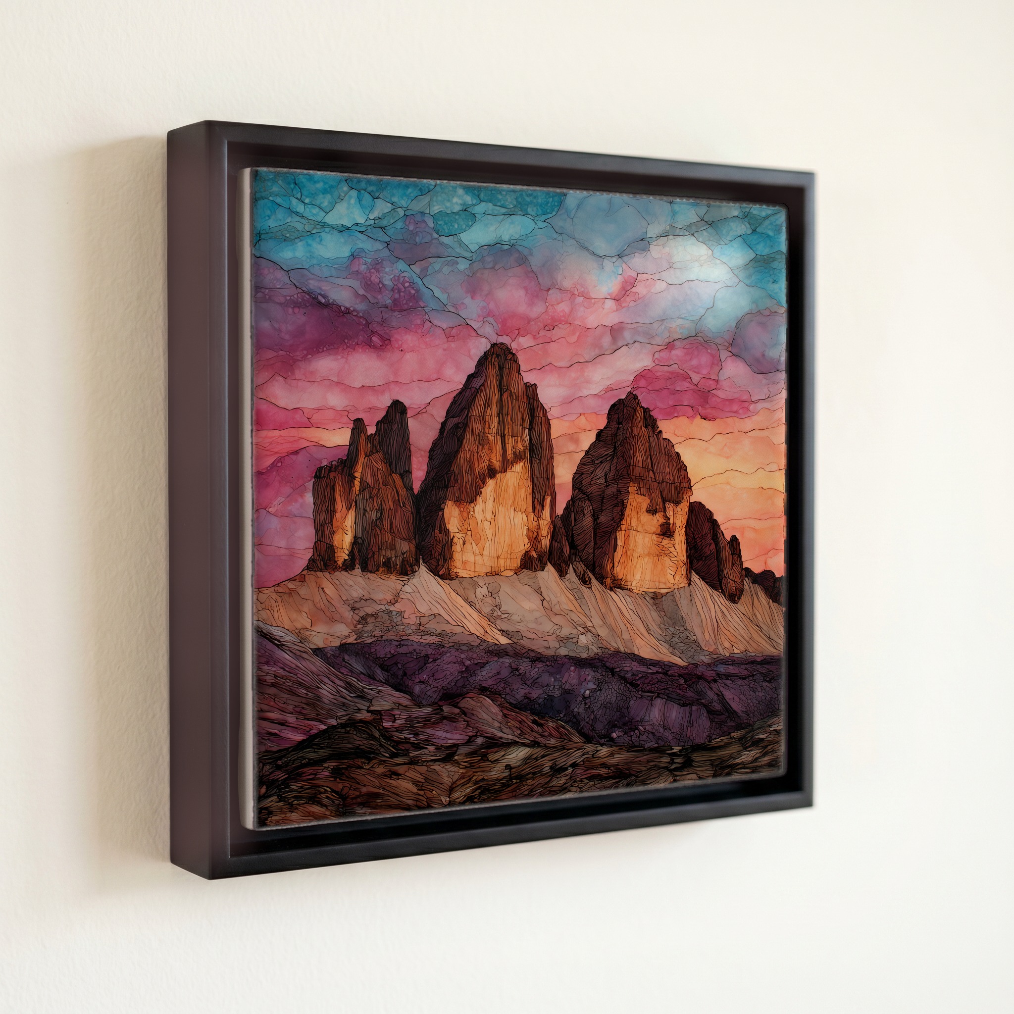 shown in a slim black floating frame · 6 × 6 in