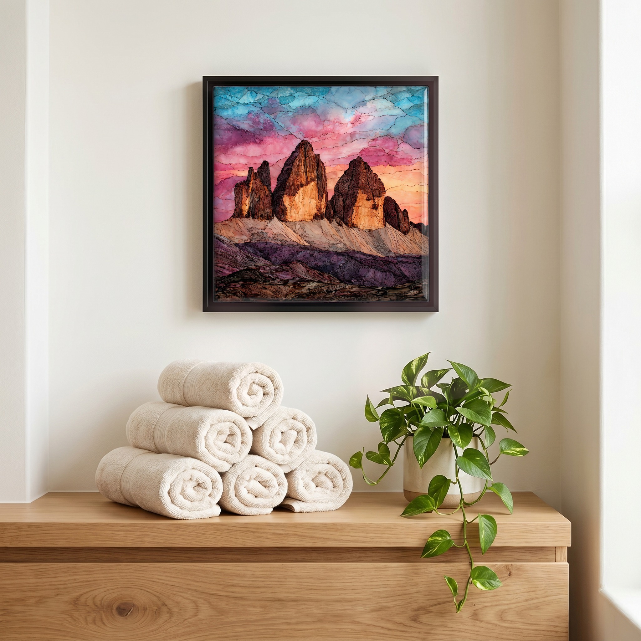 Above the linens, in a slim black surround.