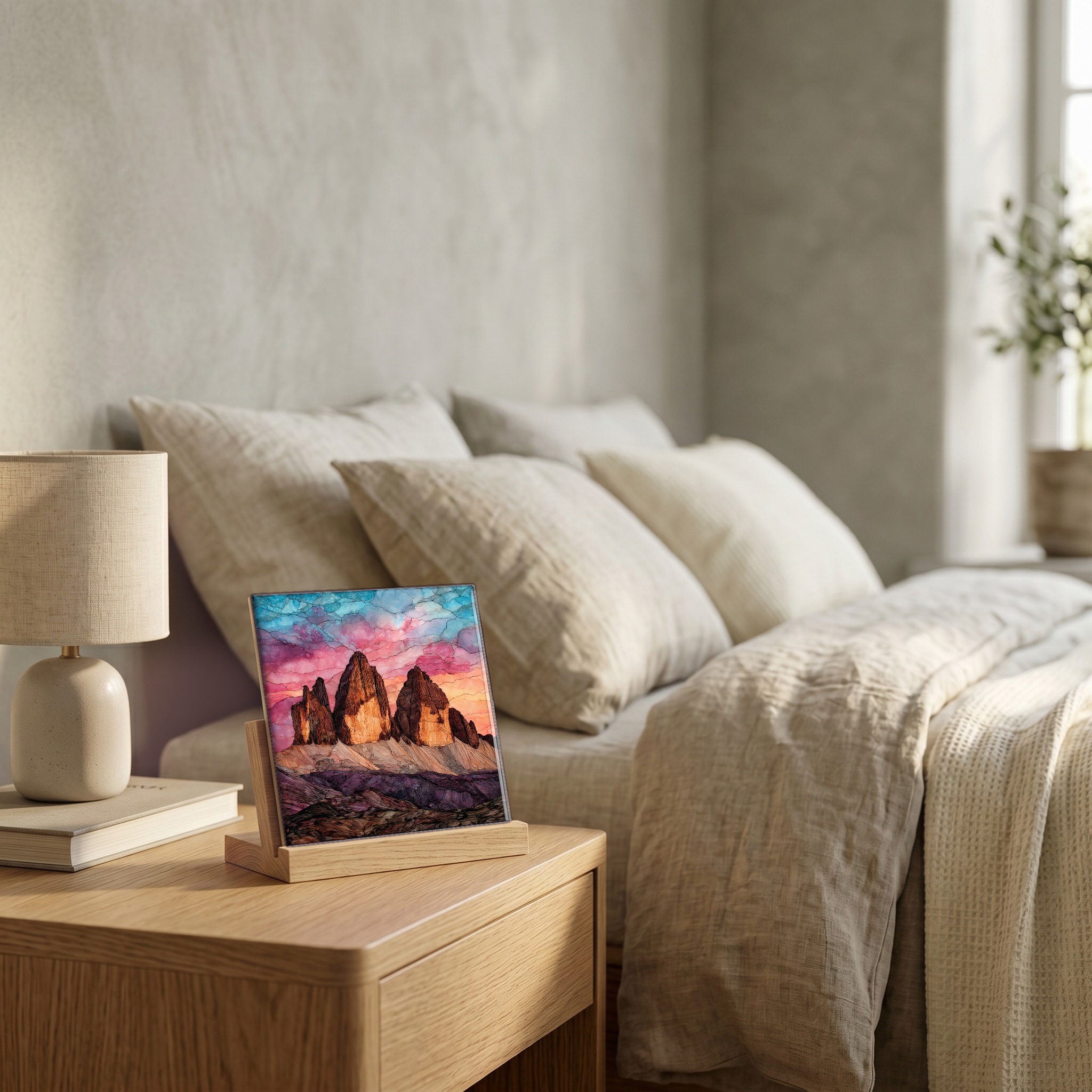 On the nightstand, on a light oak stand.