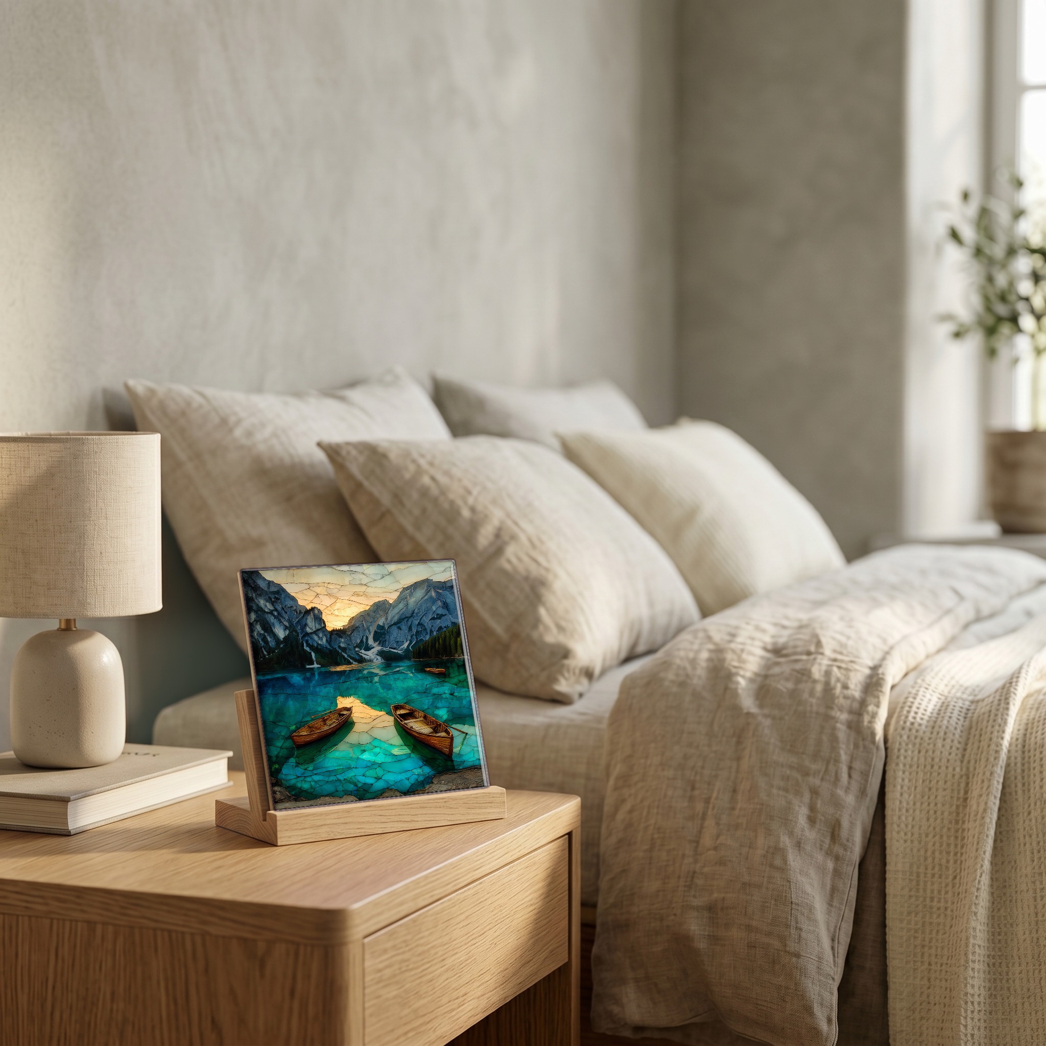 On the nightstand, on a light oak stand.