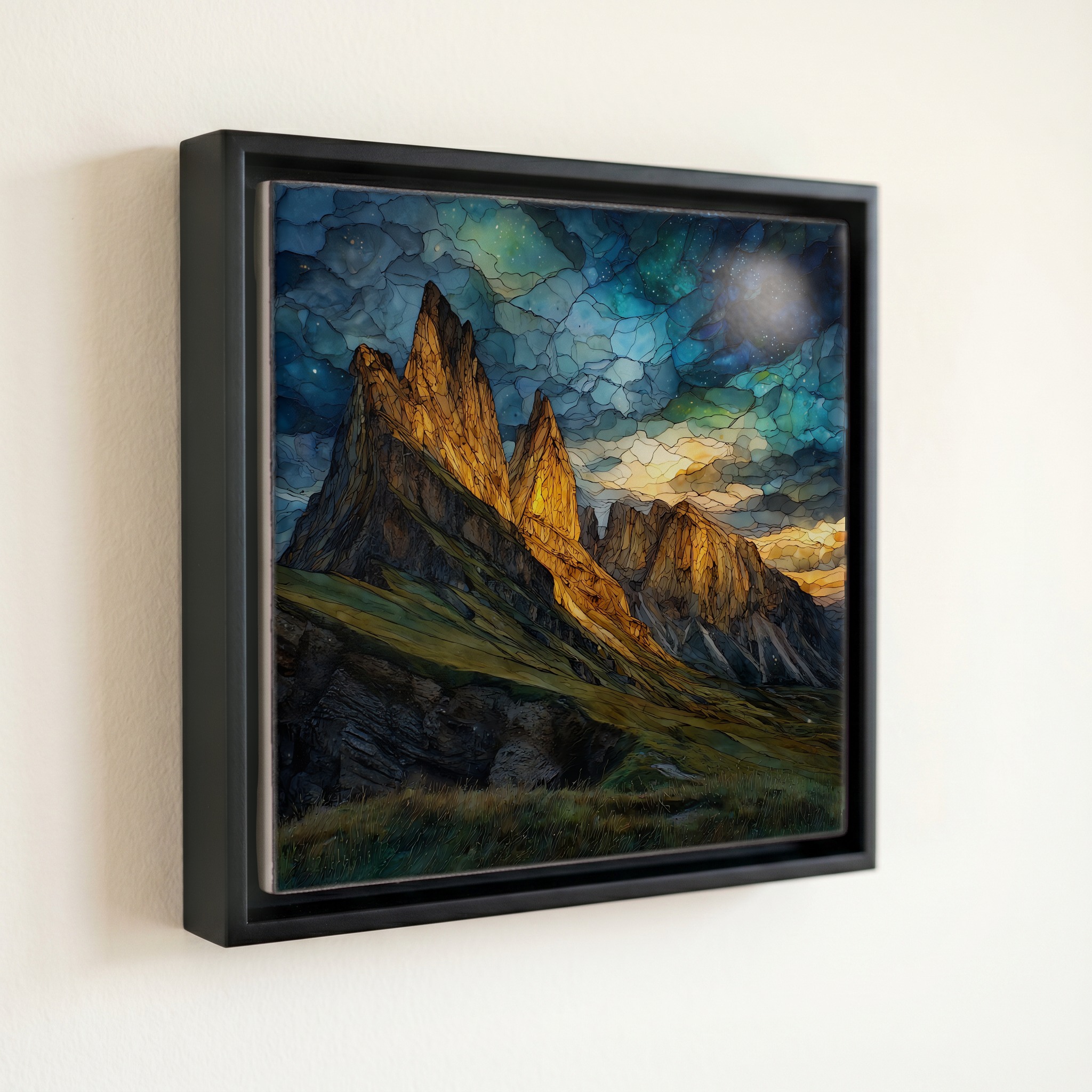 shown in a slim black floating frame · 6 × 6 in