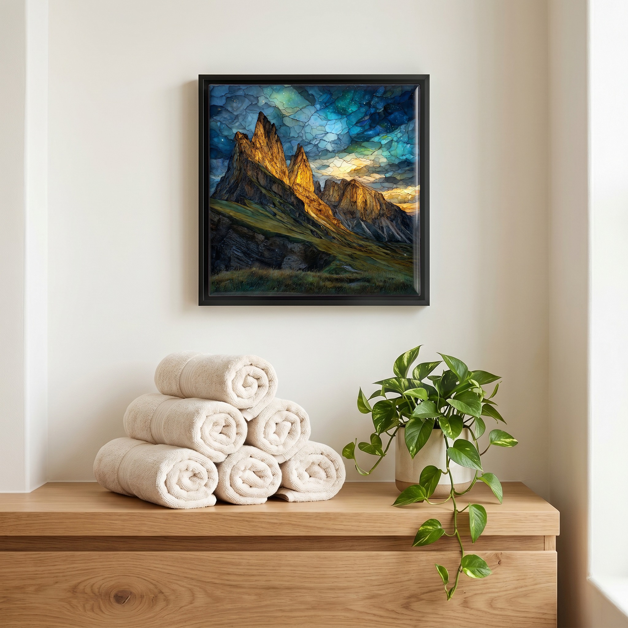 Above the linens, in a slim black surround.