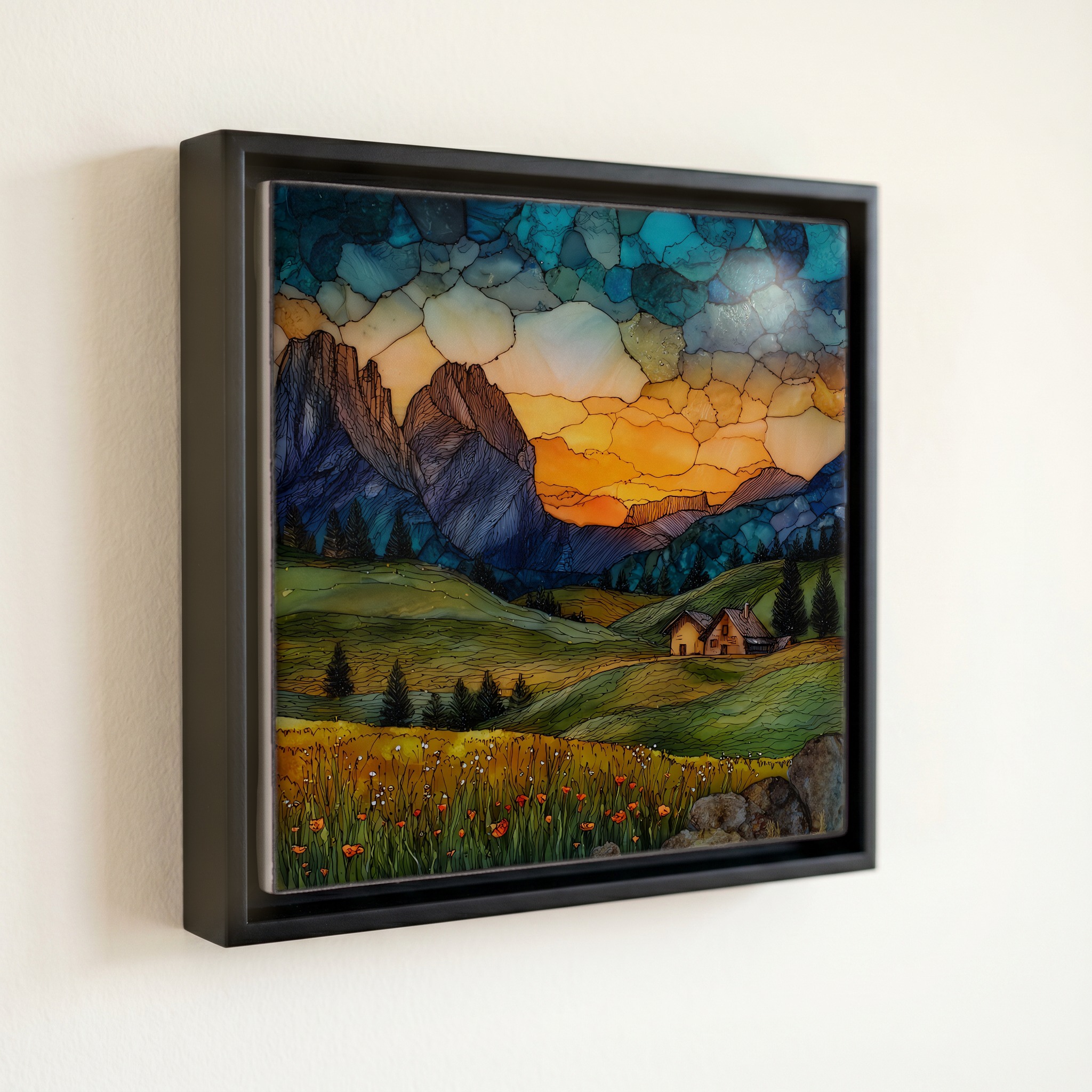 shown in a slim black floating frame · 6 × 6 in