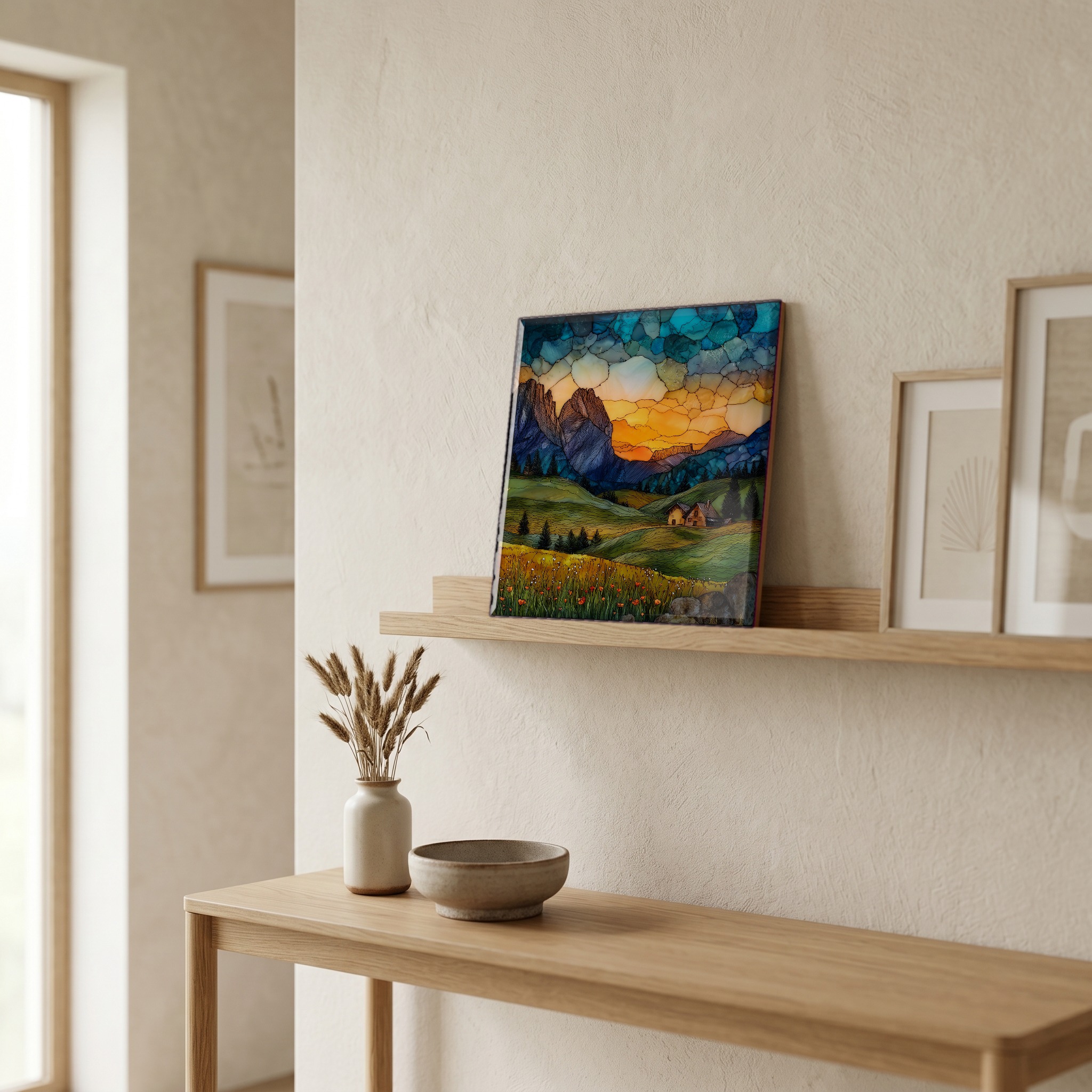 On a picture ledge, where the light comes in.
