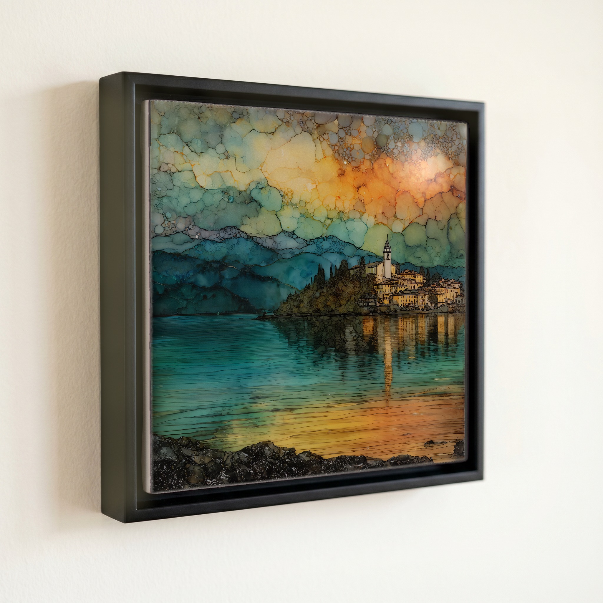 shown in a slim black floating frame · 6 × 6 in