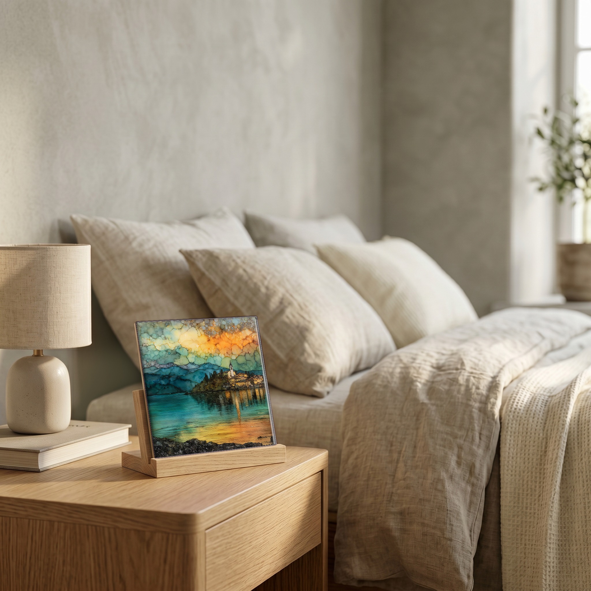 On the nightstand, on a light oak stand.