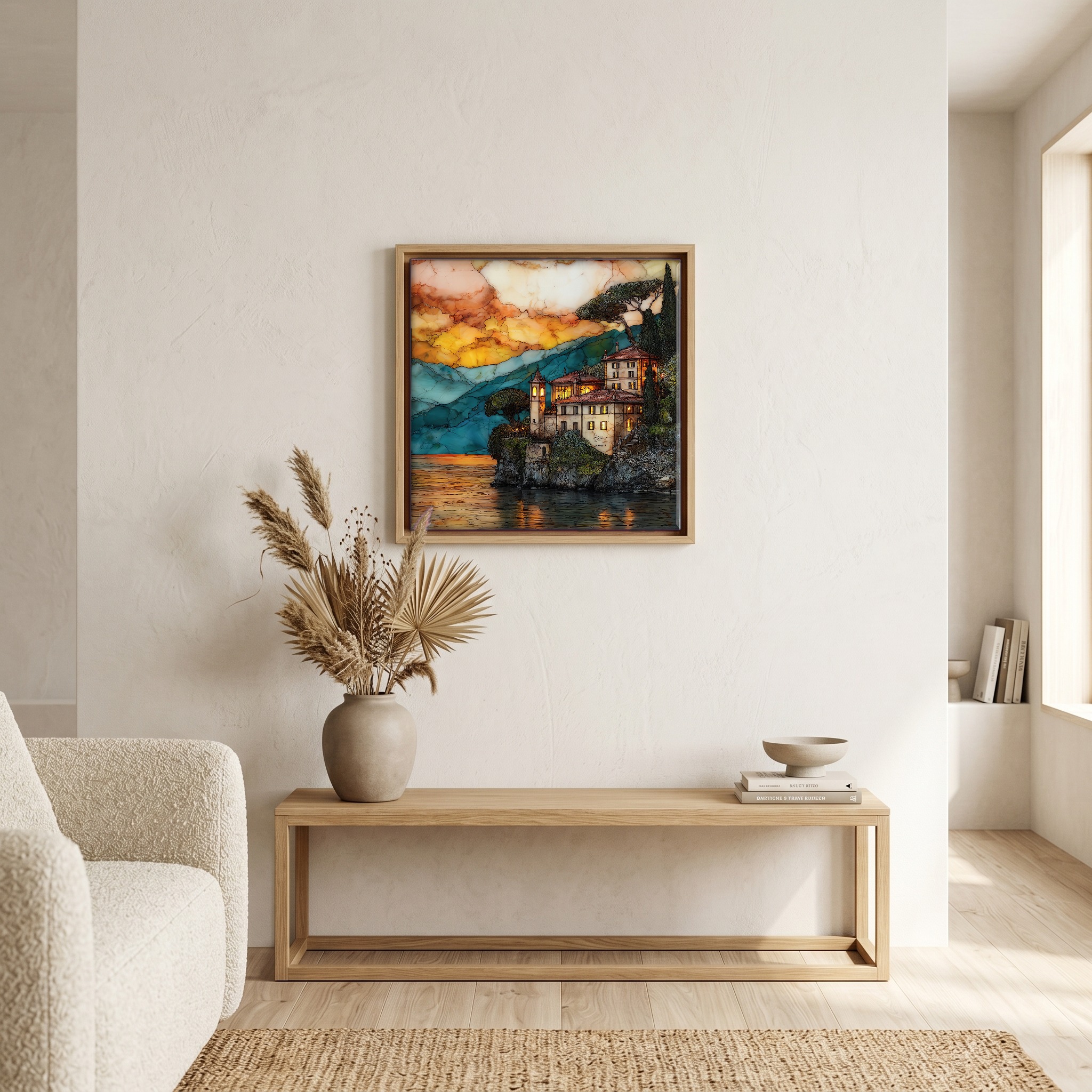 Above the bench, in a warm oak surround.