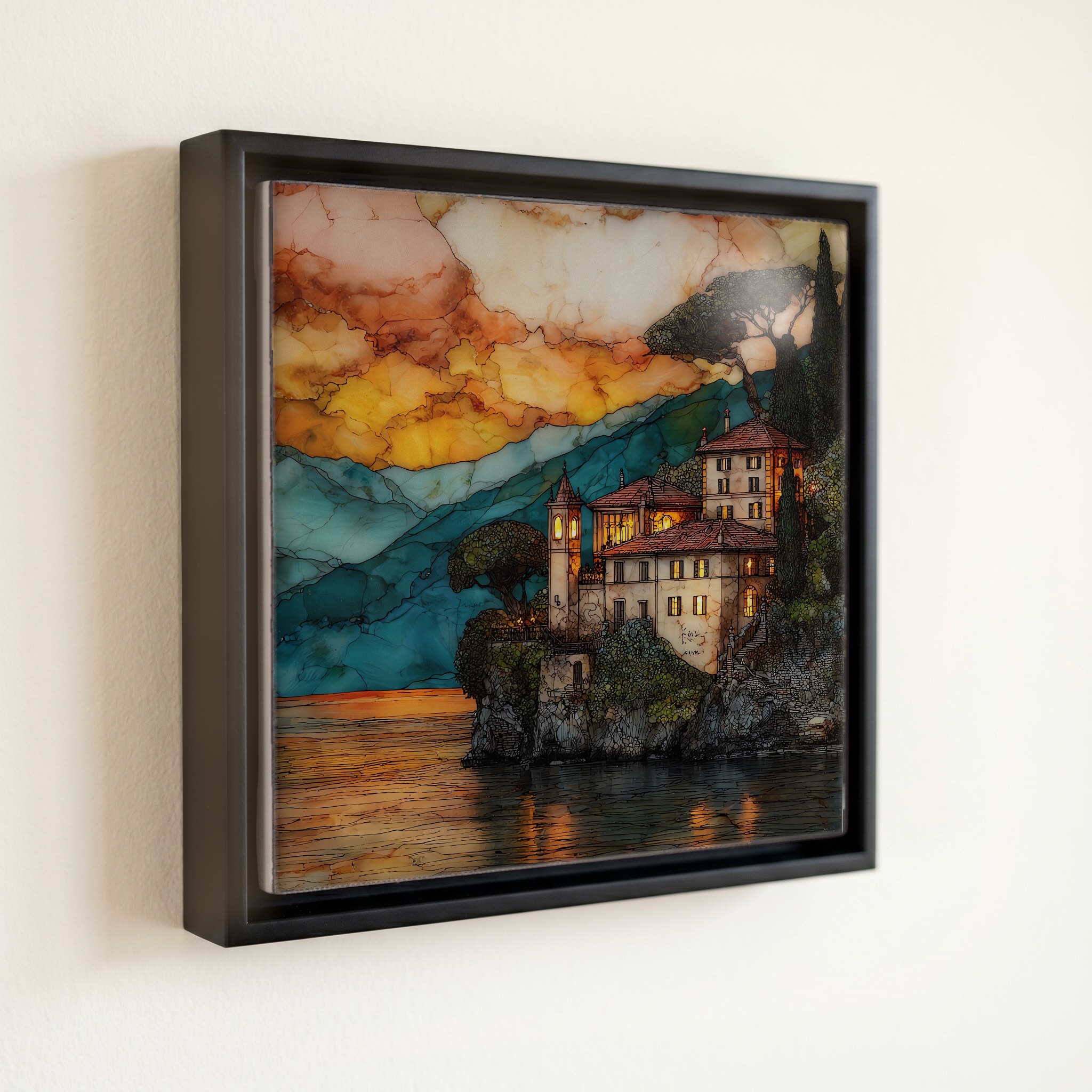 shown in a slim black floating frame · 6 × 6 in
