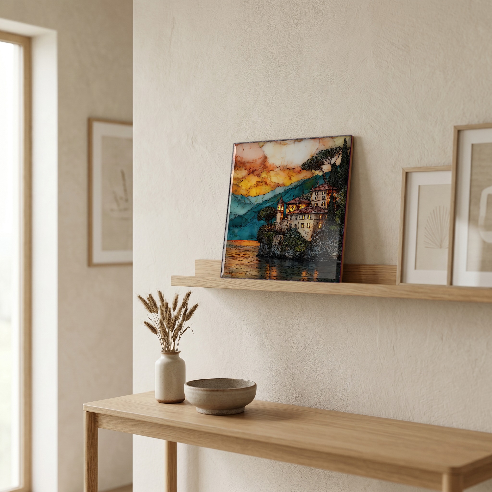 On a picture ledge, where the light comes in.