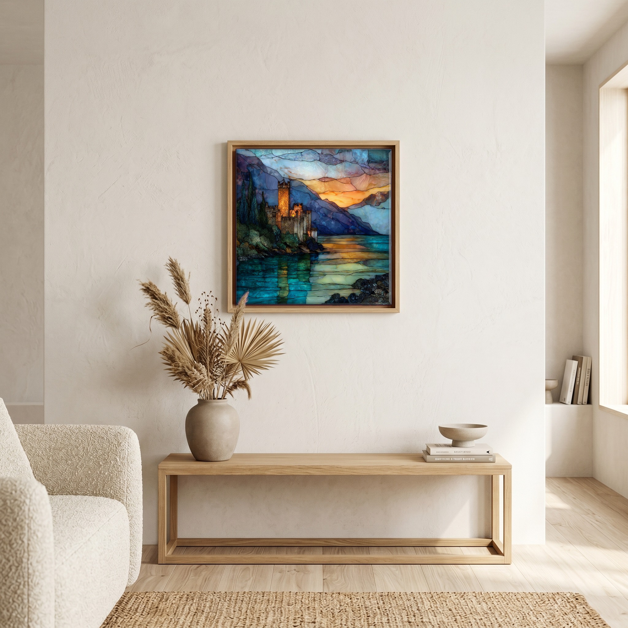 Above the bench, in a warm oak surround.