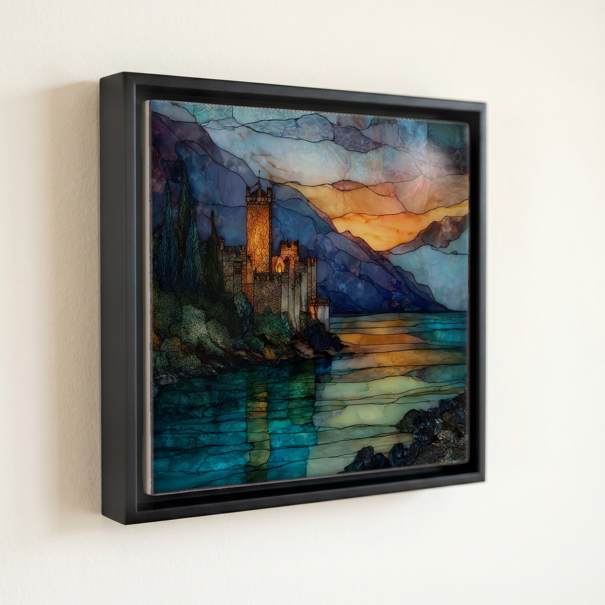 shown in a slim black floating frame · 6 × 6 in