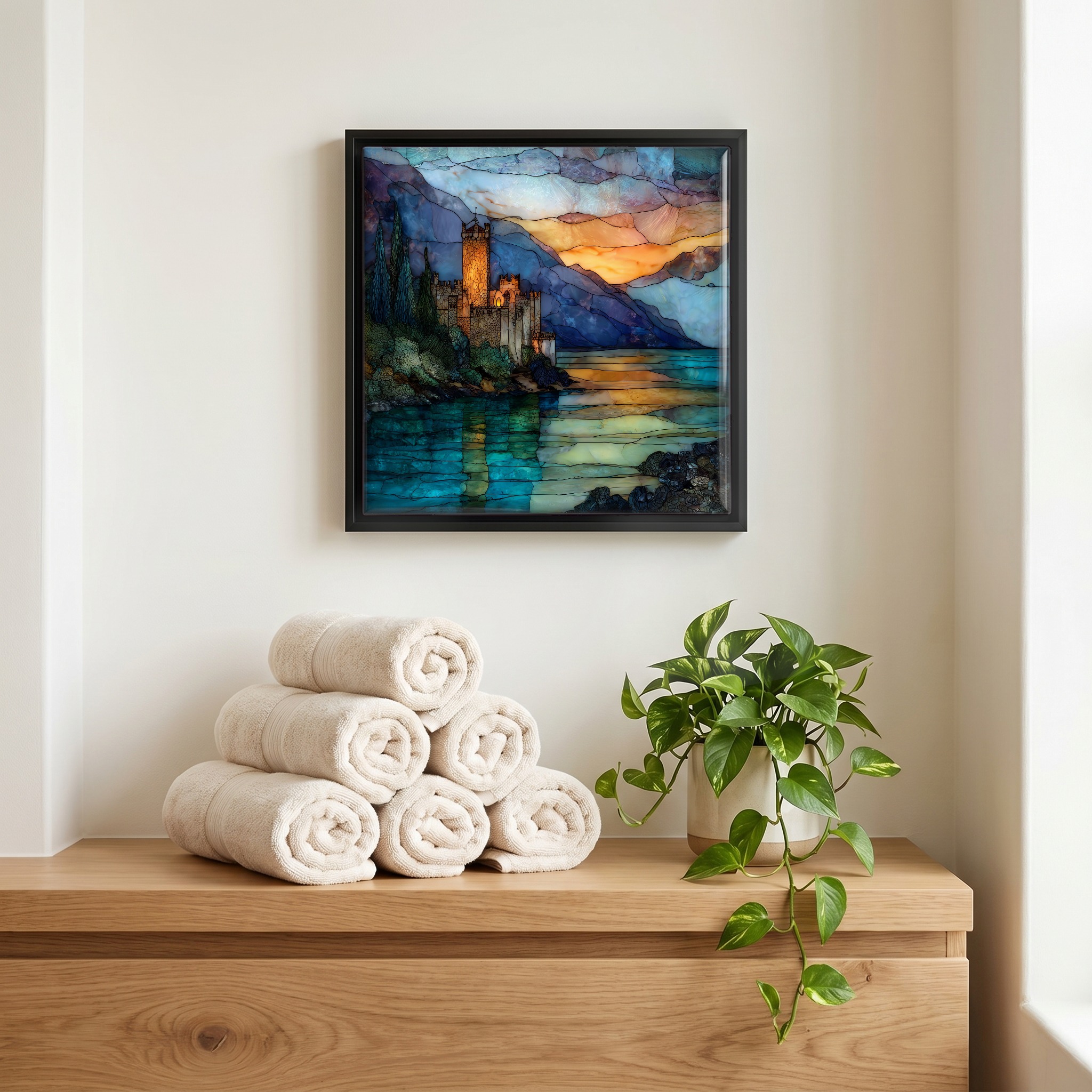 Above the linens, in a slim black surround.