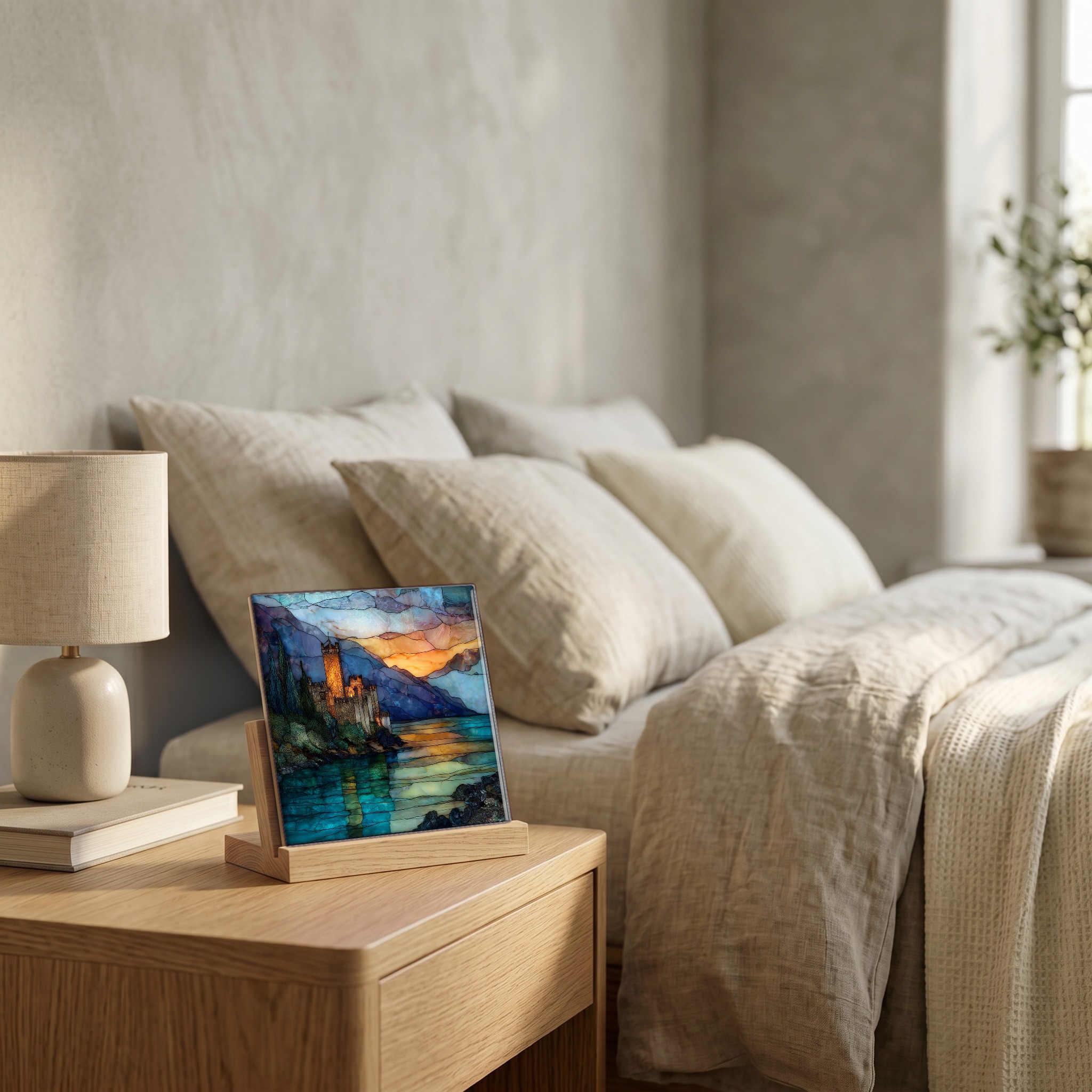 On the nightstand, on a light oak stand.