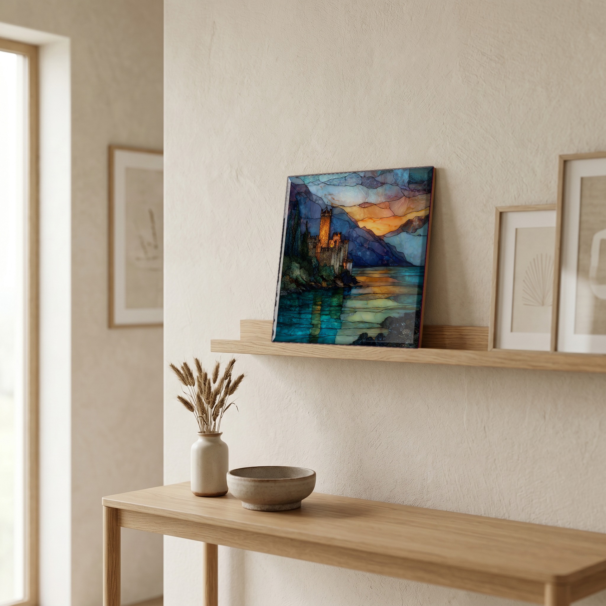 On a picture ledge, where the light comes in.