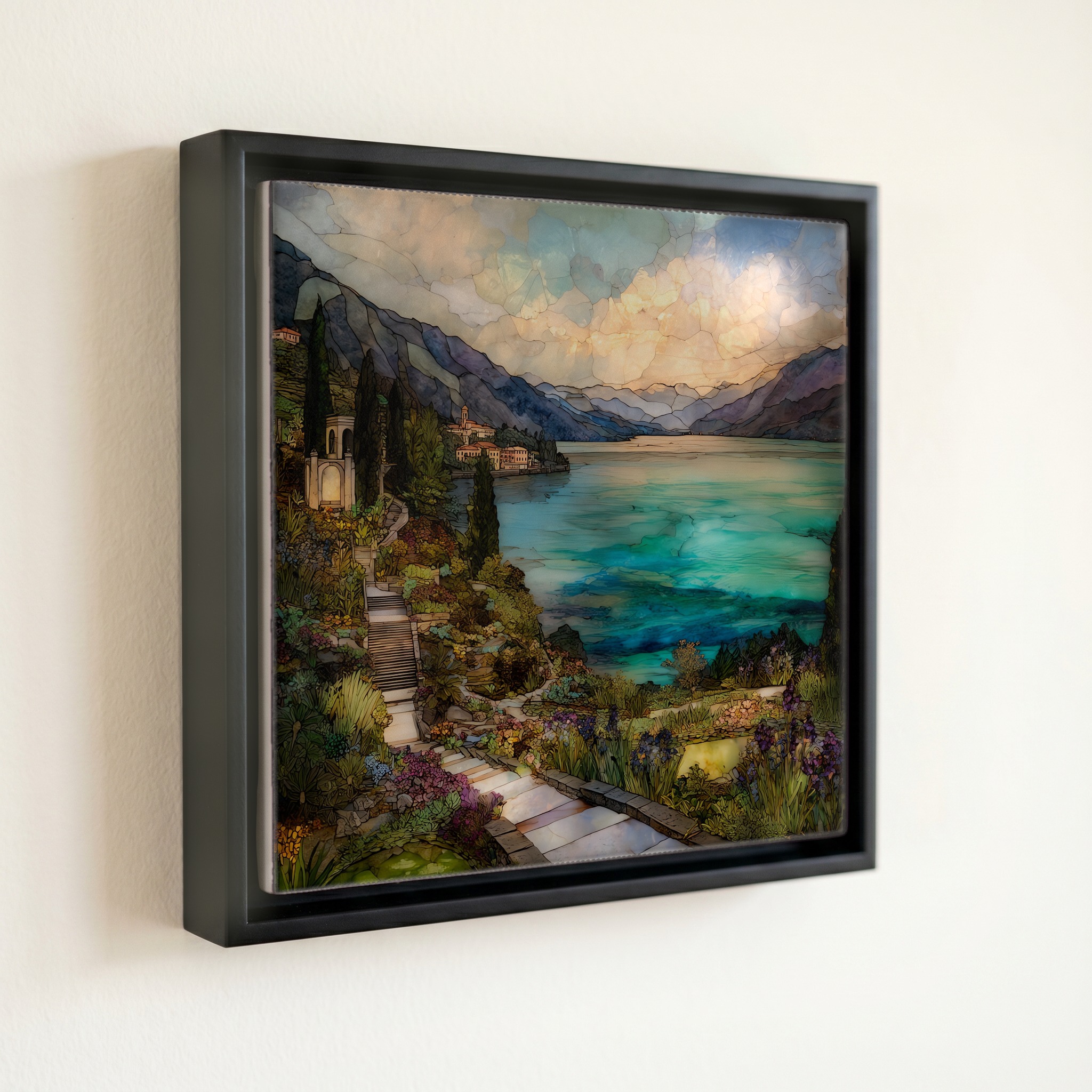 shown in a slim black floating frame · 6 × 6 in