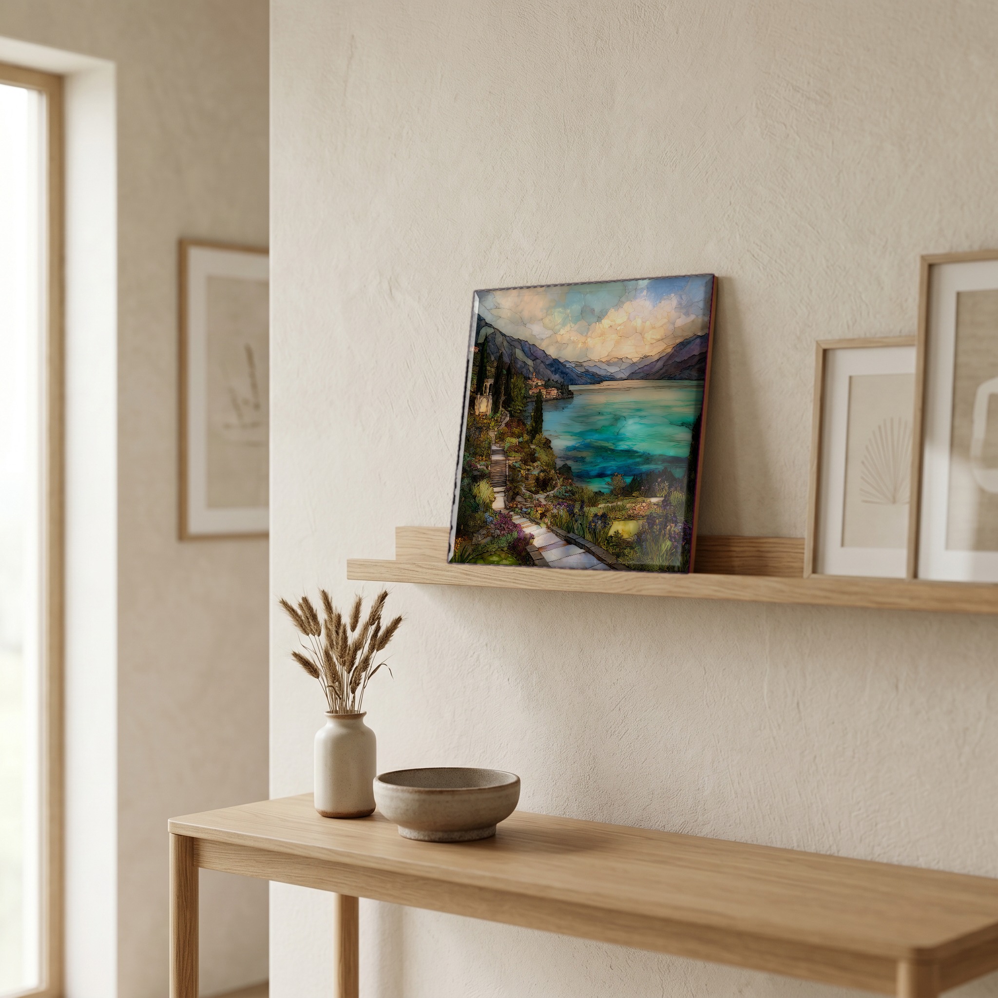 On a picture ledge, where the light comes in.