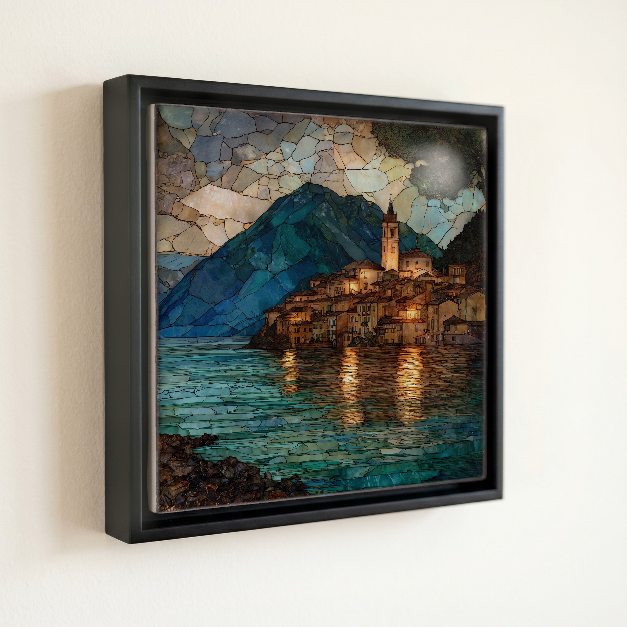 shown in a slim black floating frame · 6 × 6 in