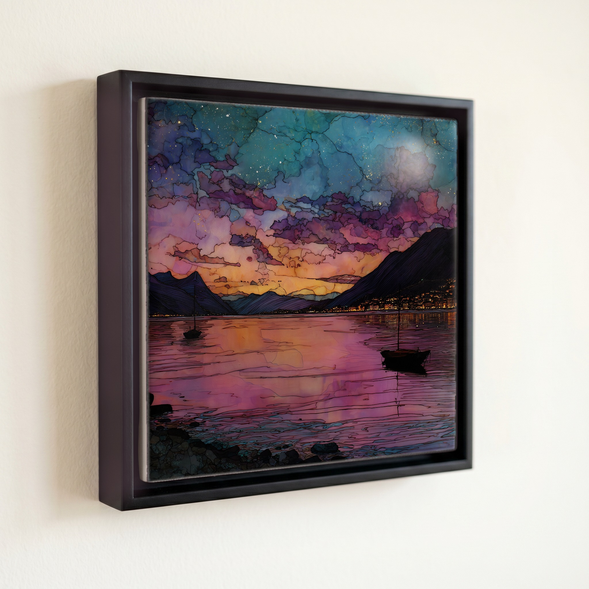 shown in a slim black floating frame · 6 × 6 in