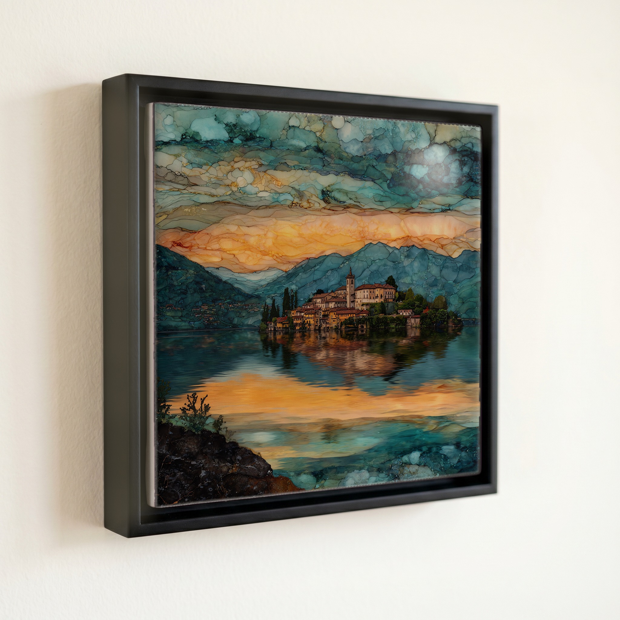 shown in a slim black floating frame · 6 × 6 in
