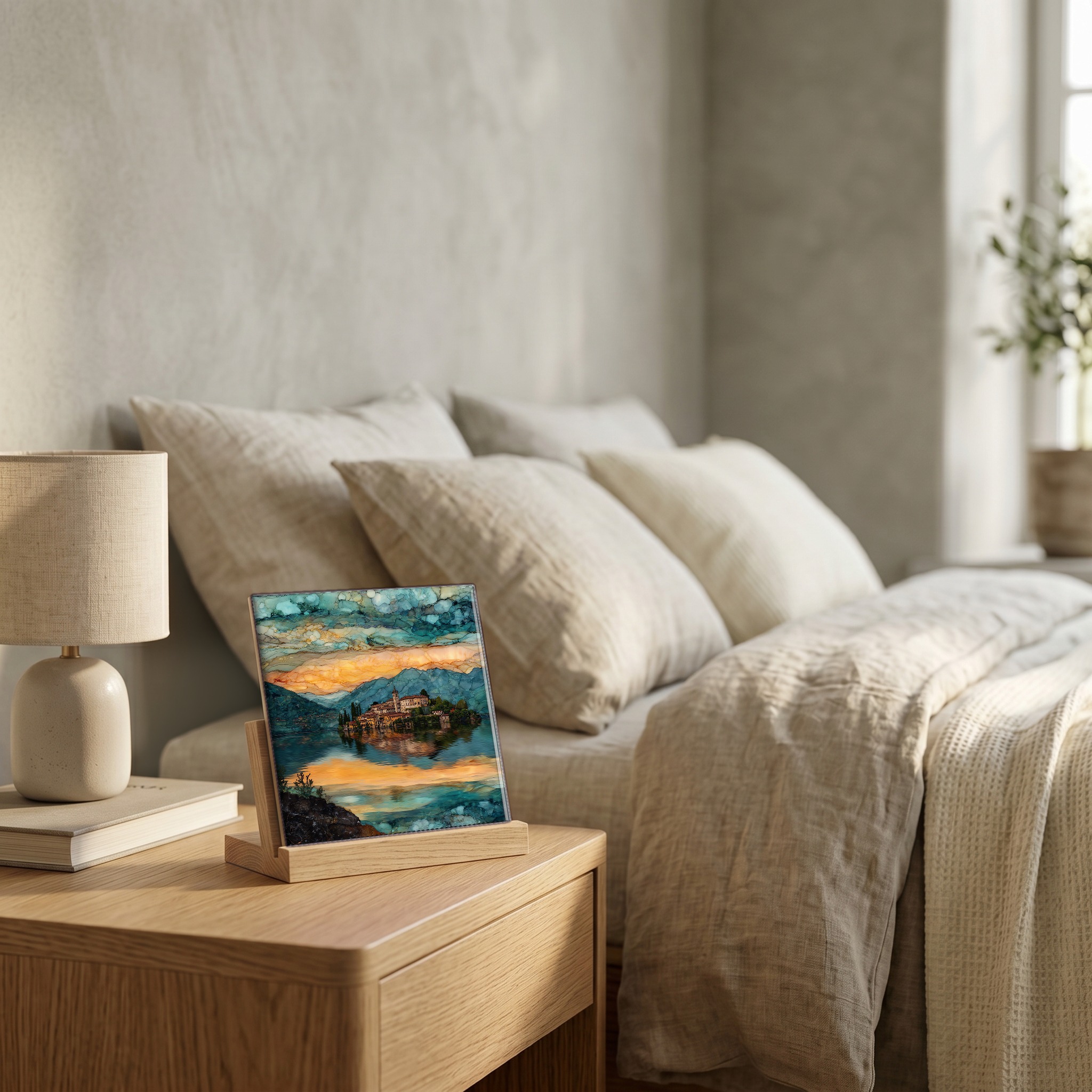 On the nightstand, on a light oak stand.